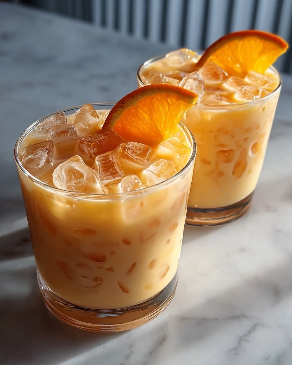 Two short clear glasses filled with a creamy light orange drink. Each glass is packed with small ice cubes floating on top. On the rim of each glass, there is a slice of bright orange fruit with a textured peel. The glasses sit on a white marbled surface that reflects some light, and the background is a blurred grey with vertical lines. photo taken with an iphone --ar 4:5 --v 7