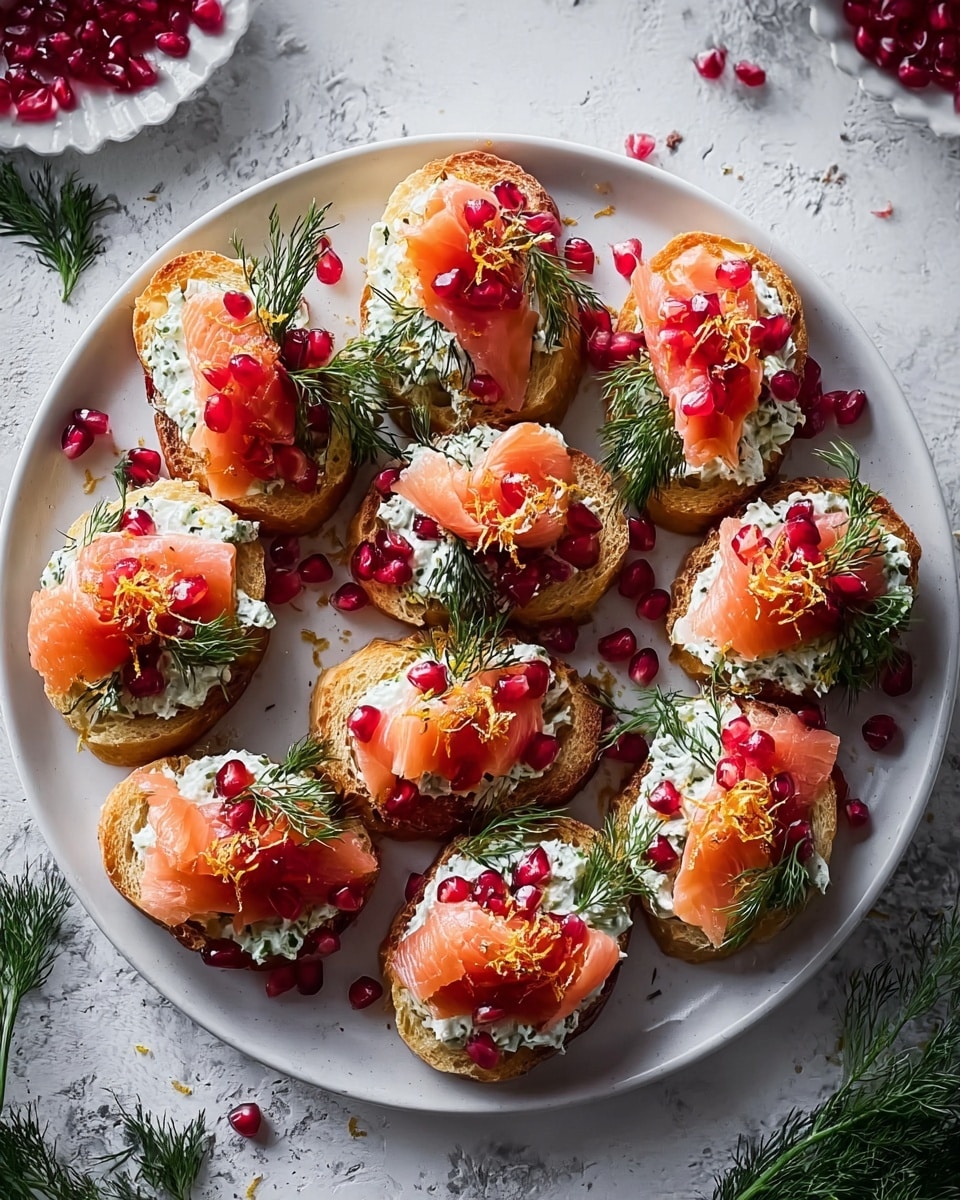 The image shows a white plate with eight pieces of toasted bread arranged in a circle. Each piece has a base layer of creamy white spread mixed with green herbs, topped with bright pink slices of smoked salmon folded loosely. Red pomegranate seeds are scattered on each toast and around the plate, adding a pop of shiny color. Fresh green dill sprigs are placed on and between the toasts, giving a fresh leafy texture. Fine, light orange zest is sprinkled over the top, adding a delicate finishing touch. The plate sits on a white marbled textured surface with some scattered dill and pomegranate seeds nearby. Photo taken with an iphone --ar 4:5 --v 7