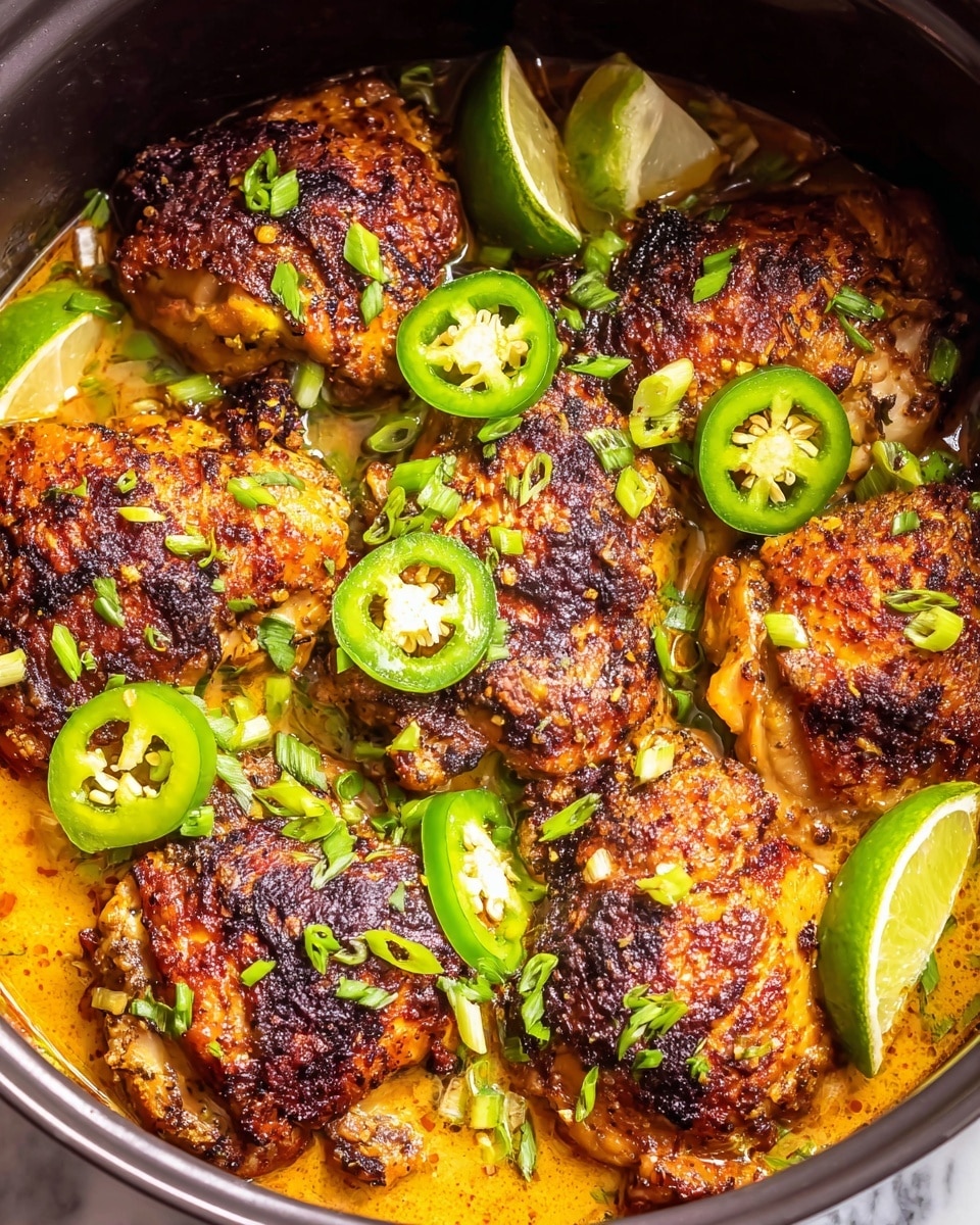 The image shows a dish with several pieces of browned, crispy chicken thighs arranged closely in a black pot. The chicken has a dark golden crust with some charred spots and bits of green herbs on top. Around and on top of the chicken there are bright green slices of jalapeño peppers, small chopped green onions, and lime wedges, adding fresh color. The chicken rests in a light orange sauce with visible herbs, giving a moist texture to the dish. The background is a white marbled texture. Photo taken with an iphone --ar 4:5 --v 7