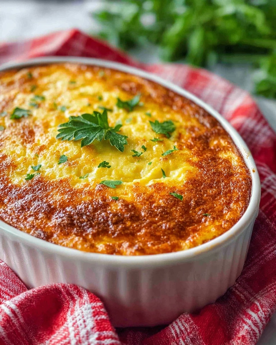 A close-up view of a baked dish in a white ceramic oval baking dish with a golden brown, crispy top layer with a slightly rough texture. There are small bits of melted yellow cheese visible under the crisp crust. The dish is garnished with a few bright green parsley leaves scattered on top. The baking dish sits on a red and white checkered cloth on a white marbled surface, with blurred green herbs in the background. Photo taken with an iphone --ar 4:5 --v 7