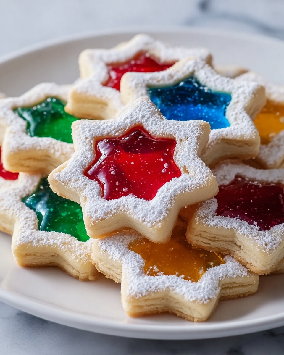 A white plate holds a stack of star-shaped cookies with two layers each: the bottom layer is a creamy, light beige cookie base, and the top layer is a hollow star-shaped frame dusted with white powdered sugar. Inside the hollow center of each cookie is a glossy, translucent jelly-like layer in different bright colors including red, green, blue, and orange. The jelly looks shiny and smooth, catching the light, while the cookie edges appear soft and crumbly. The plate rests on a white marbled texture. photo taken with an iphone --ar 4:5 --v 7