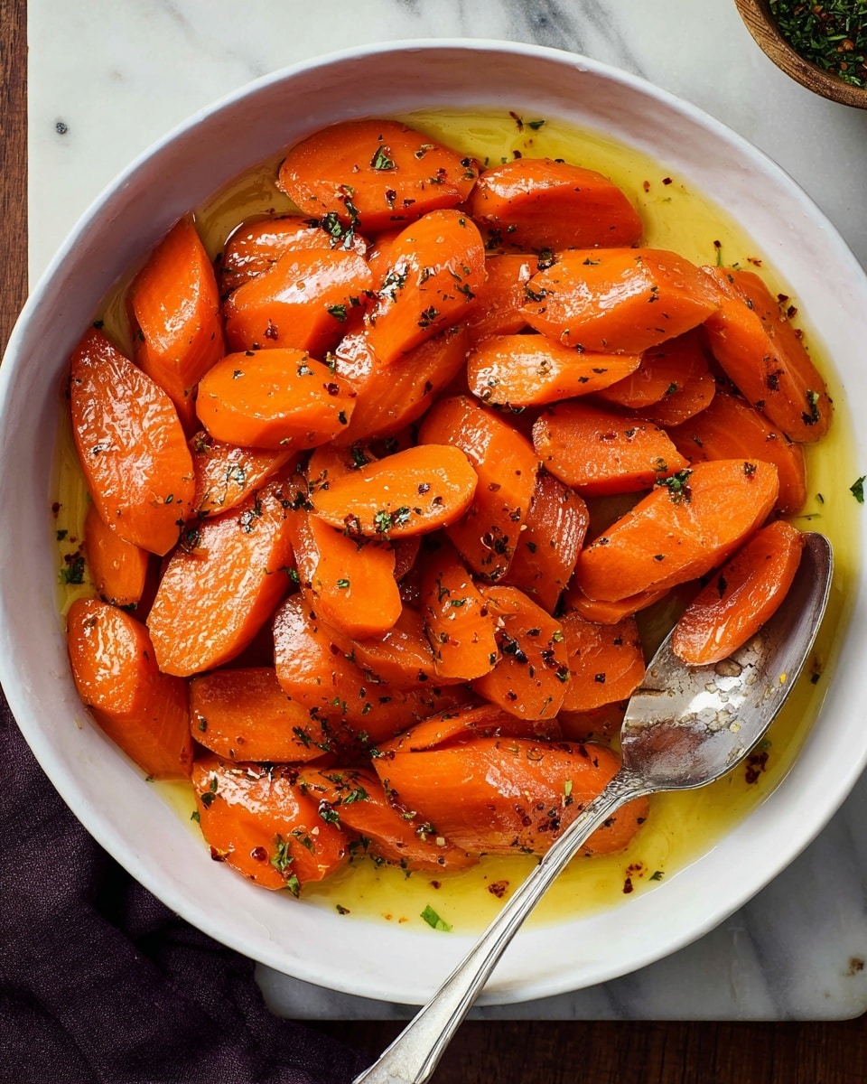 The dish shows a white bowl filled with bright orange cooked carrot chunks, cut in thick, uneven oval shapes. The carrots are glossy with a shiny glaze made of light yellow sauce mixed with small black and green seasoning bits, some of which look like pepper and parsley. The carrots have a slightly soft texture with some specks of herbs on them. A silver spoon is partially buried under the carrots on the right side of the bowl. The bowl is placed on a white marbled surface which looks clean and smooth, with a small dark purple cloth near the bottom left corner. Photo taken with an iphone --ar 4:5 --v 7