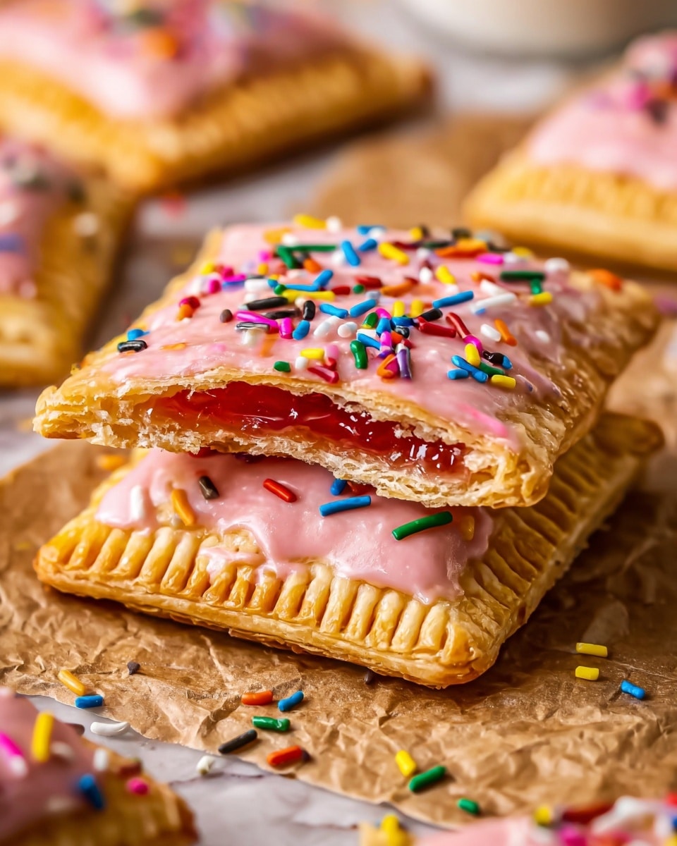 The image shows a close-up of two rectangular toaster pastries stacked on top of each other on crinkled brown baking paper with a white marbled texture background. Each pastry has a golden-brown crust with crimped edges and a shiny pink glaze on top, decorated with colorful rainbow sprinkles in red, green, blue, white, orange, black, and pink. The top pastry is broken partially in half, revealing a gooey red jelly filling inside. In the background, more frosted pastries with sprinkles are slightly out of focus, adding depth to the image. photo taken with an iphone --ar 4:5 --v 7