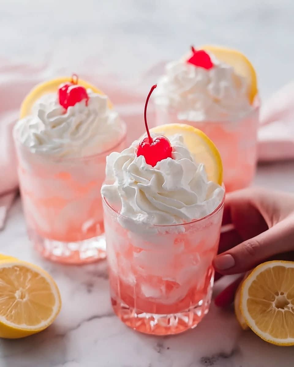 The image shows three clear glasses filled with a pink drink that has ice cubes visible inside. Each glass is topped with a thick layer of white whipped cream shaped in soft peaks. On top of the whipped cream, there is a bright red cherry and a thin yellow lemon slice for decoration. The glasses are placed on a white marbled surface, with one lemon half cut open lying nearby. A woman's hand is gently holding one of the glasses from the side. The overall scene is bright and fresh. photo taken with an iphone --ar 4:5 --v 7