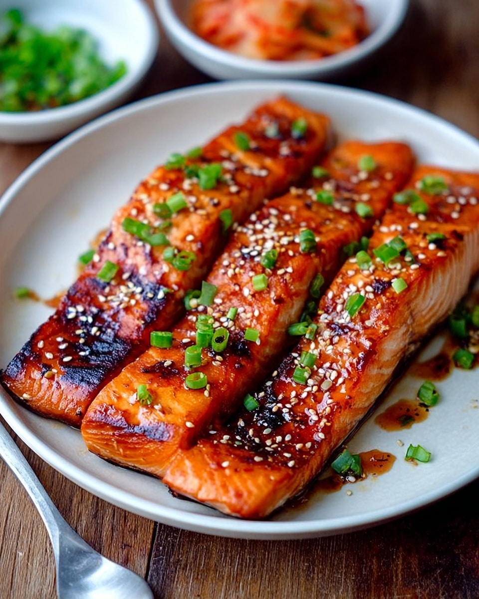 The image shows a white plate with three grilled salmon fillets placed side by side. Each fillet has a glossy, slightly charred orange surface with a chewy texture and visible grill marks. The salmon is sprinkled with white sesame seeds and chopped green onions scattered over and around the fillets. The plate is on a wooden surface with a spoon and small bowls of side dishes blurred in the background. The lighting highlights the moistness and the rich color of the fish. Photo taken with an iphone --ar 4:5 --v 7