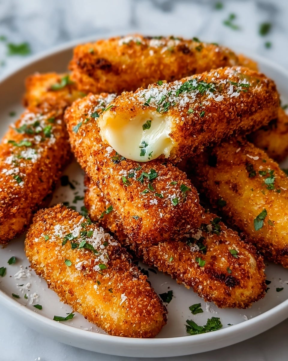 The image shows a white plate filled with golden brown, crispy breaded cheese sticks. Each stick has a rough, crunchy texture with small crumbs visible, and they are sprinkled with finely chopped green herbs and a light dusting of white cheese. One cheese stick is broken open near the front, revealing a soft, creamy, and slightly melted cheese filling with small green herb bits inside. The plate sits on a surface with a white marbled texture, and the photo is taken close-up to highlight the detailed texture of the fried coating and the cheese's creamy inside. photo taken with an iphone --ar 4:5 --v 7