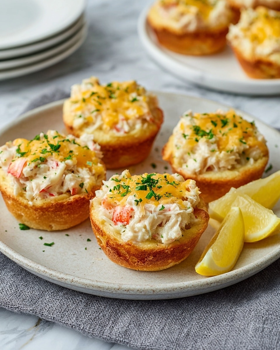 The image shows six crab salad muffins arranged on a white plate with a rough edge, placed on a gray cloth over a white marbled surface. Each muffin has three visible layers: a golden-brown crispy muffin base, topped with a creamy white crab salad mixed with small pieces of red crab meat, and melted golden-yellow cheddar cheese on top. Small green parsley flakes are sprinkled on the cheese layer as garnish. Two lemon wedges are placed on the right side of the plate adding a splash of bright yellow. Another white plate with more muffins is blurred in the background. photo taken with an iphone --ar 4:5 --v 7