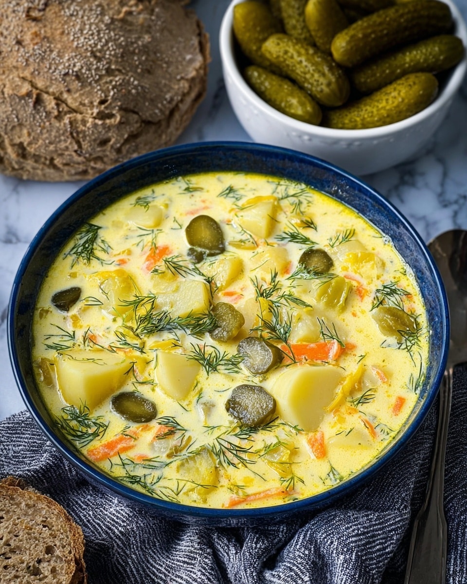 A deep blue bowl filled with creamy yellow soup, thick with light and dark green pickle slices, pale yellow potato chunks, small pieces of orange carrot, and scattered fresh green dill on top. To the side, there is a white bowl containing shiny, whole green pickles, and behind them, a white bowl with a textured bread cut into large pieces. The setting is on a white marbled surface with a gray and white striped cloth partially under the bowl. photo taken with an iphone --ar 4:5 --v 7
