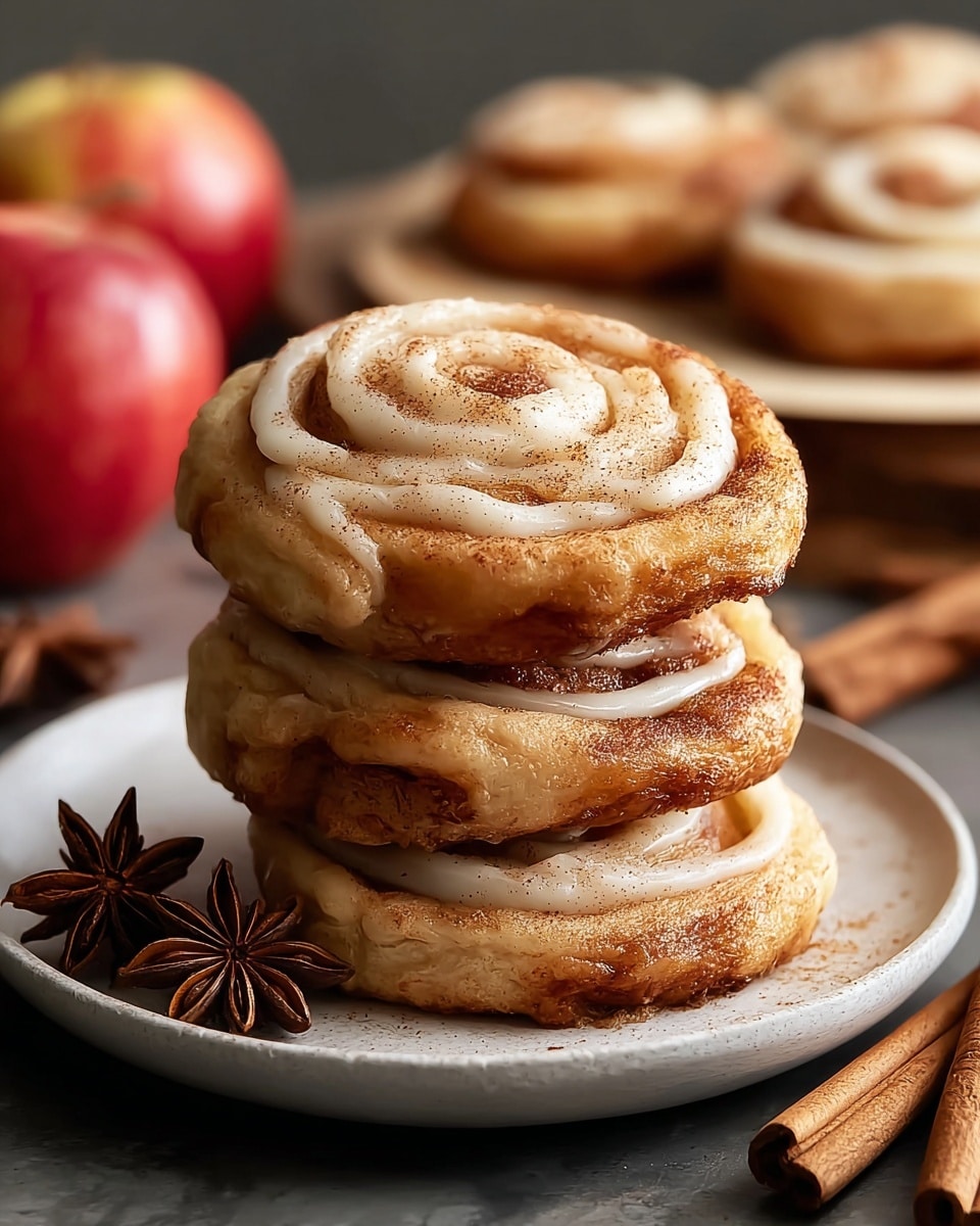 A stack of three cinnamon rolls sits on a white plate, each roll showing a golden brown, slightly textured dough with a thick swirl of creamy white icing dusted with cinnamon on top. The rolls have a soft, slightly crispy edge and a moist look. In the background, there are whole cinnamon sticks, star anise, and two red apples on a white marbled surface, with two more cinnamon rolls slightly blurred. The scene is warmly lit to highlight the warm tones of the rolls and spices. photo taken with an iphone --ar 4:5 --v 7