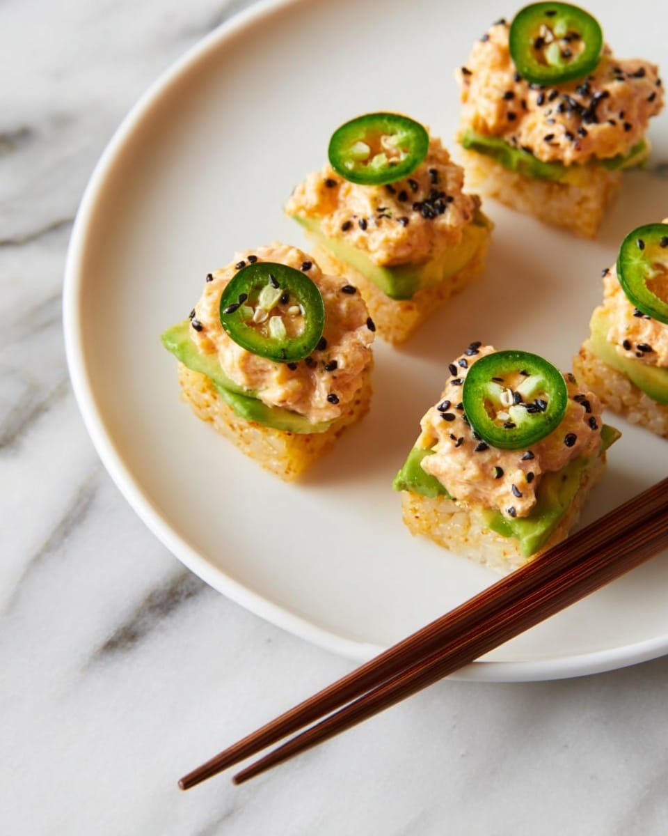 Four small sushi pieces sit on a white plate over a white marbled surface. Each piece has a bottom layer of crispy golden-brown rice, followed by a layer of green avocado. On top, there is a creamy orange mixture with small chunks, sprinkled with black and white sesame seeds. Each piece is garnished with a thin slice of green jalapeño pepper. Wooden chopsticks rest beside the plate. photo taken with an iphone --ar 4:5 --v 7