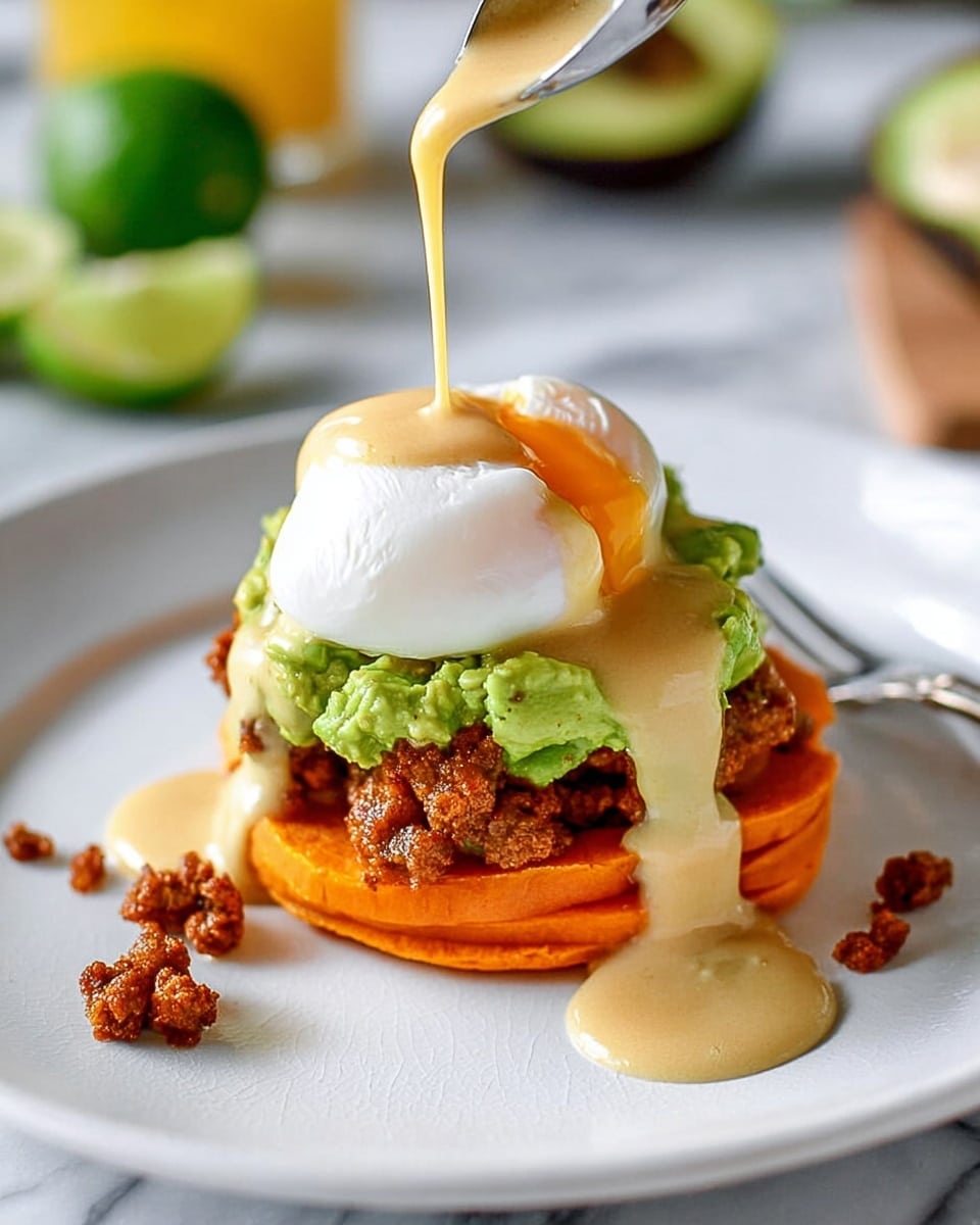 A white plate holds a layered dish starting with a thick, round slice of bright orange roasted sweet potato as the base layer. On top of this is a thick layer of green mashed avocado, followed by a crumbled layer of browned cooked sausage. A smooth, white poached egg sits on top of the sausage, and creamy light brown sauce with visible flecks is being poured over the egg, dripping down the sides onto the avocado and sweet potato below. Some small sausage crumbs are scattered on the plate around the stack. The plate rests on a white marbled surface, with blurred lime wedges and lemons in the background. photo taken with an iphone --ar 4:5 --v 7