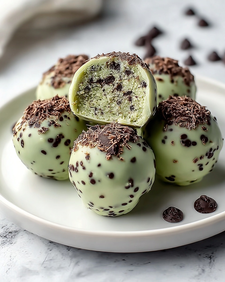 The image shows five round truffles on a white plate placed on a white marbled surface. Each truffle has a pale green outer coating speckled with small dark chocolate bits. The tops of the truffles are also covered with larger chocolate shavings. One truffle is cut in half on top of the others, revealing a textured light green center mixed with fine dark chocolate pieces inside. There are a few loose chocolate chips scattered near the plate. The photograph has a clear close-up focus on the truffles with soft lighting. photo taken with an iphone --ar 4:5 --v 7