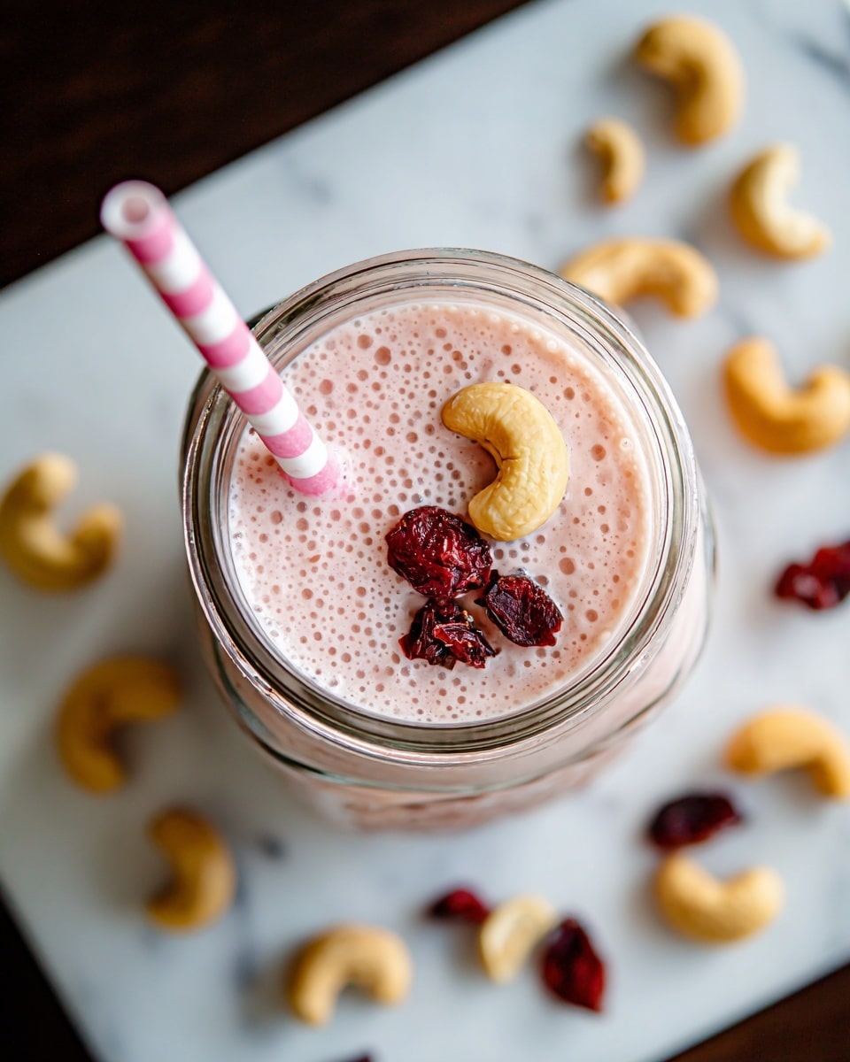 A clear glass jar filled with a smooth, light pink smoothie with small bubbles on the surface. On top of the smoothie, there is one whole cashew and three pieces of dark red dried cranberries. A pink and white striped straw is placed inside the jar near the edge. The jar is resting on a white marbled surface with scattered whole cashews and dried cranberries around it. photo taken with an iphone --ar 4:5 --v 7