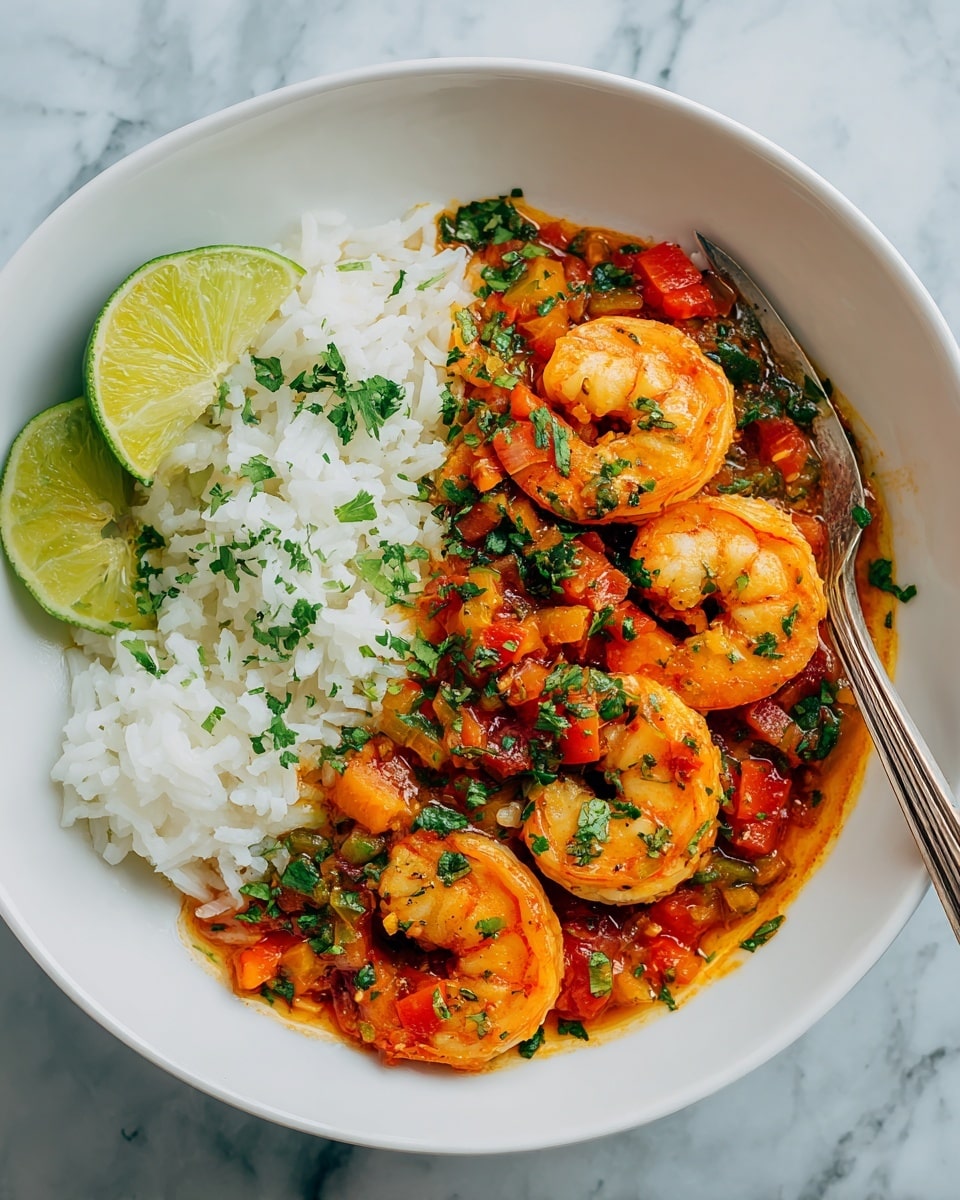 A white plate holds a dish divided into two main parts. On one side, there is fluffy white rice with some small green herb pieces sprinkled on top. On the other side, there are large cooked shrimp with orange-pink shells, lying on a thick, chunky sauce made of diced vegetables in red, orange, and yellow colors. Fresh green herbs are scattered over the shrimp and sauce. Two lime wedges with a bright green color are placed on the left edge of the plate, partially on the shrimp. A silver fork rests on the right side, partly on the shrimp dish, all placed on a white marbled surface. photo taken with an iphone --ar 4:5 --v 7