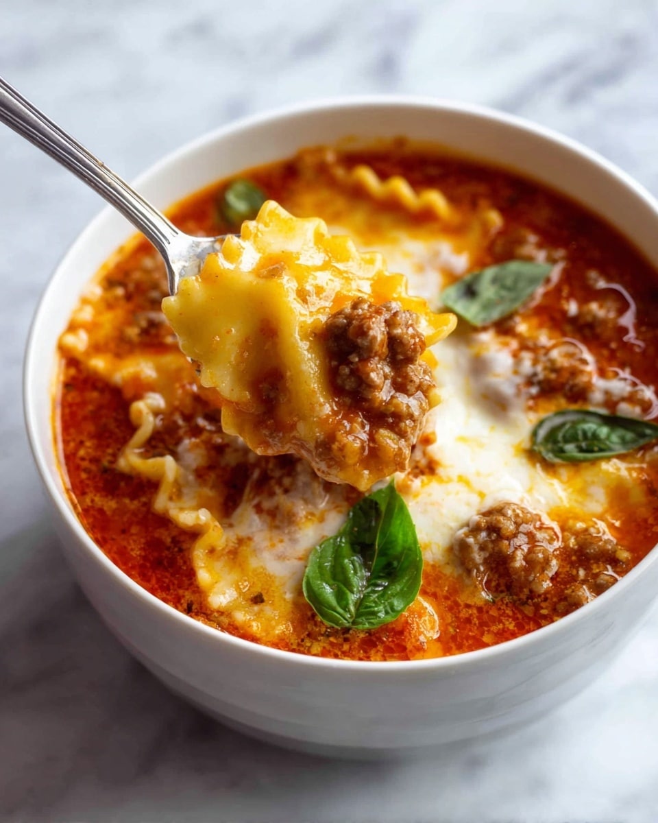 A white bowl filled with rich lasagna soup that shows several layers of texture: a vibrant red tomato broth topped with melted creamy cheese that has a slightly golden hue, chunks of browned ground meat mixed throughout, and wide, wavy lasagna noodles partially submerged and curling at the edges. A silver spoon lifts a portion of the soup, displaying a combination of melted cheese, meat, and pasta soaked in sauce. Fresh green basil leaves rest on the soup’s surface adding a fresh color contrast. The bowl is placed on a white marbled surface. photo taken with an iphone --ar 4:5 --v 7