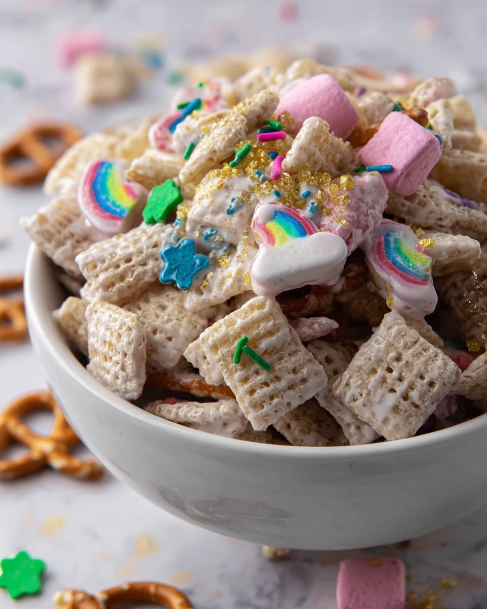 A close-up view of a white bowl filled with a colorful snack mix featuring multiple layers of crunchy cereal pieces coated in white yogurt or icing. The first layer consists of light beige square cereal pieces with a porous texture, covered with a light coating of white. Scattered throughout are small, colorful rainbow and pink marshmallow shapes, including rainbows and a green clover. The mix also includes twisted pretzel pieces covered in the same white coating, adding a glossy texture. Sprinkles of various shapes and colors, such as blue, green, pink, and yellow, are scattered over the top, along with tiny pieces of golden sugar crystals, enhancing the visual appeal. The bowl is placed on a white marbled surface with a soft background. Photo taken with an iphone --ar 4:5 --v 7