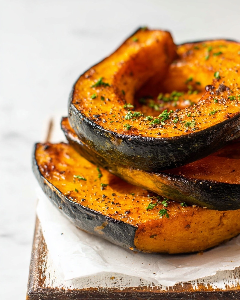 A close-up image of three thick slices of roasted squash stacked on top of each other on a piece of white paper that rests on a rustic white wooden board. Each squash slice has a dark green outer skin with a rich, lightly charred orange flesh that looks soft and caramelized. There are small sprinkles of chopped green herbs and black pepper on the top piece, adding texture and color contrast. The background is a smooth white marbled texture, giving the whole picture a clean, fresh feel. photo taken with an iphone --ar 4:5 --v 7
