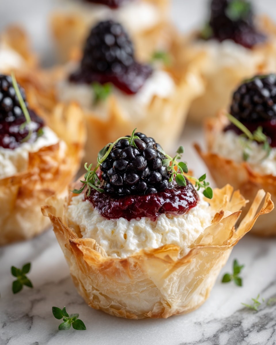 The image shows small tartlets with three layers: a light golden, crispy phyllo dough cup with crinkled edges forms the base, filled with a fluffy white cheese layer. On top of the cheese is a small dollop of dark red berry sauce, crowned by a shiny, plump blackberry. Small green herb sprigs are placed around the blackberry on each tartlet. These tartlets are arranged closely together on a white marbled surface. photo taken with an iphone --ar 4:5 --v 7