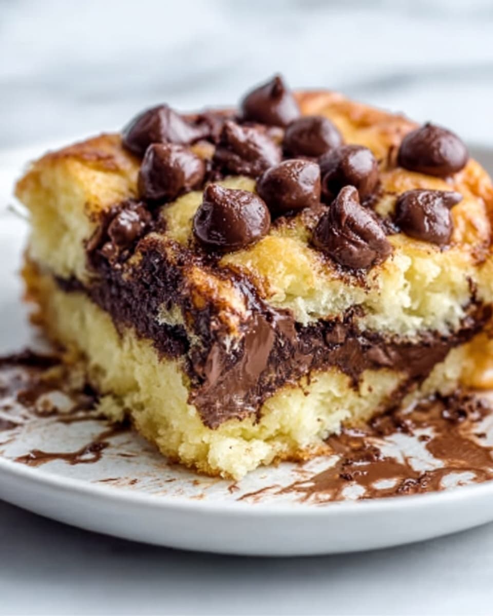 A close-up of a sliced chocolate chip pastry showing its fluffy layers. The bottom layer is soft and light yellow dough with melted dark chocolate spread on top, followed by a middle layer of gooey, rich chocolate, and the top layer is golden brown baked dough studded with large, shiny chocolate chips. The pastry sits on a white plate with slight chocolate smudges on the edge, all set against a white marbled surface. photo taken with an iphone --ar 4:5 --v 7