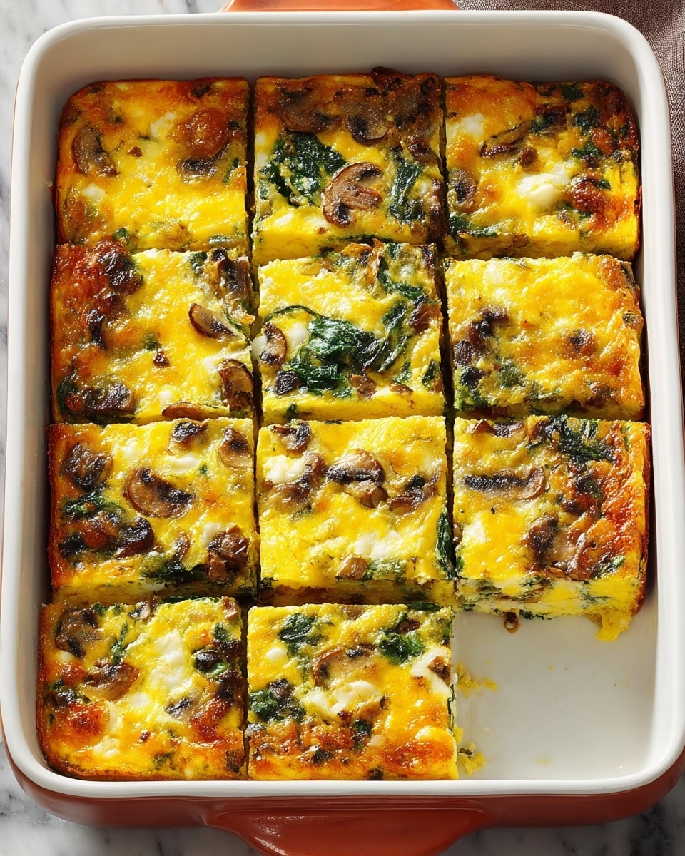 A white rectangular baking dish filled with a cooked egg casserole cut into nine square pieces, with one piece slightly pulled out to show its inside. The casserole has two visible layers: the bottom layer is light yellow with green spinach leaves and brown mushroom slices mixed in, while the top layer is golden yellow with a melted cheese texture and browned spots. The edges of the casserole have a slightly crispy golden crust. The dish sits on a surface with a white marbled texture. photo taken with an iphone --ar 4:5 --v 7