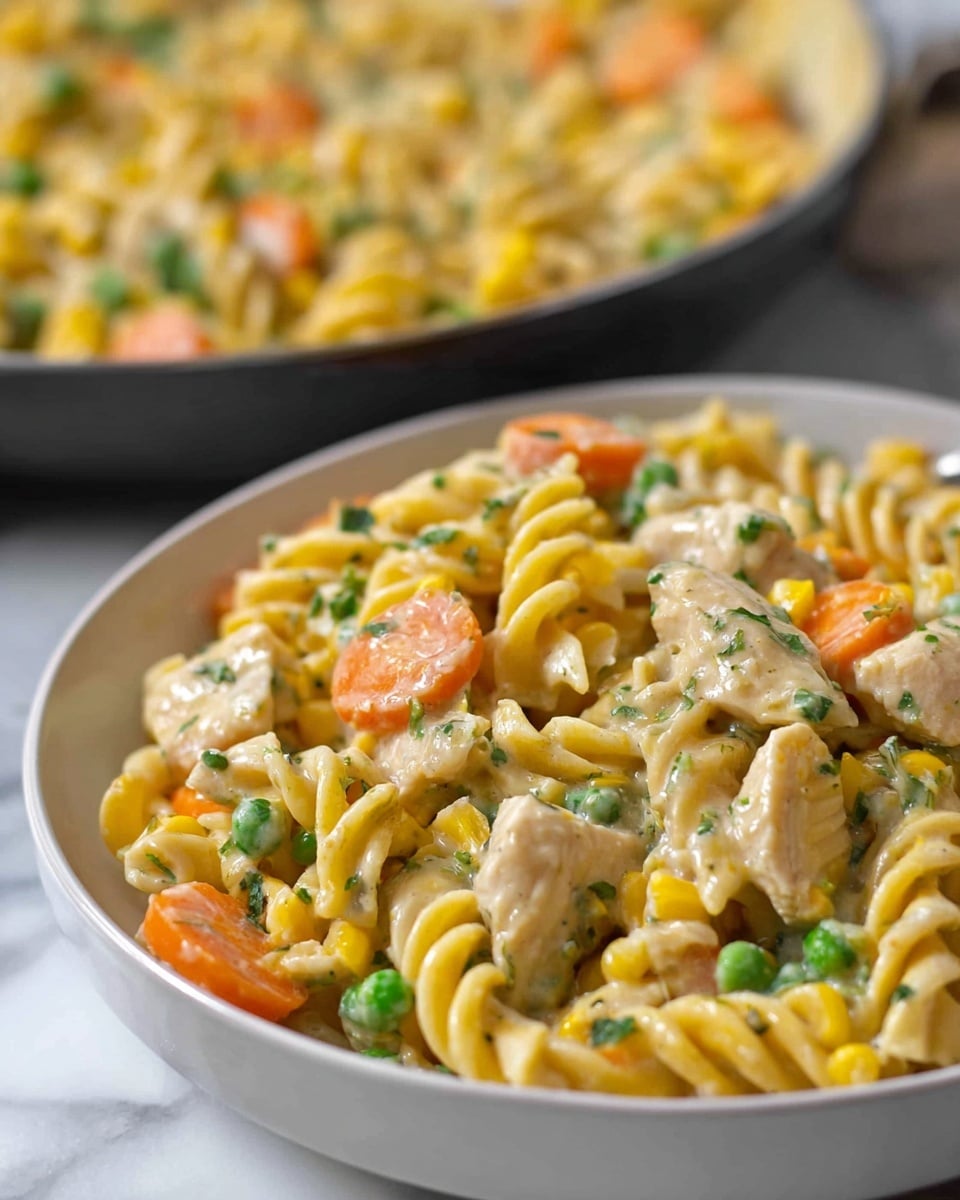 A close-up view of a dish filled with creamy pasta made with spiral noodles, mixed with bright orange carrot slices, green peas, and yellow corn kernels, all coated in a thick, light beige sauce mixed with visible herbs. Chunks of white chicken pieces are scattered throughout the pasta. The food is served in a shallow white bowl placed on a white marbled surface, with part of the larger pan of the dish blurred in the background. photo taken with an iphone --ar 4:5 --v 7