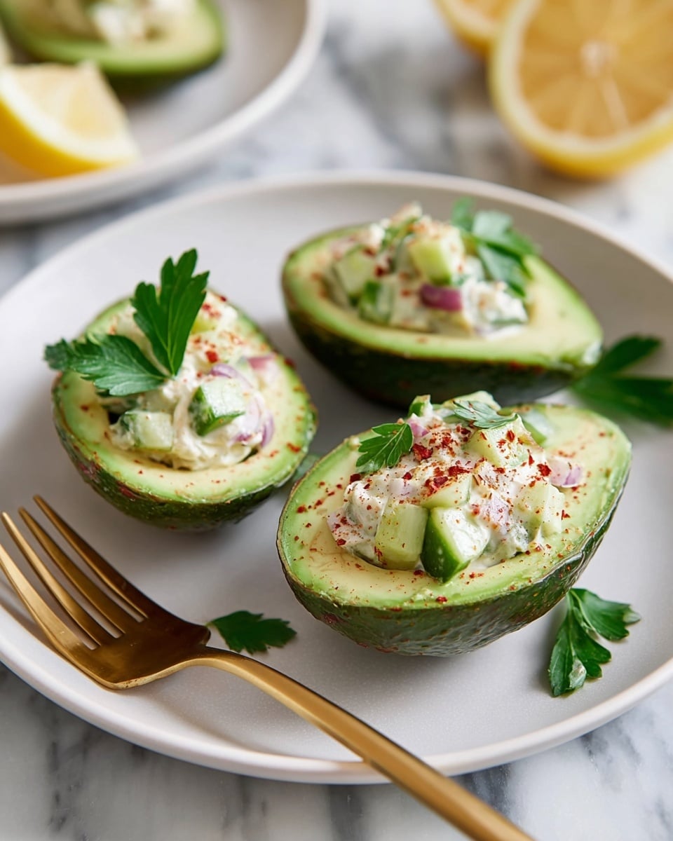 Three avocado halves with dark green, bumpy skin and light green smooth flesh are placed on a white plate. Each half is filled with a creamy white mixture containing small pieces of cucumber and red onion, lightly sprinkled with red spices and topped with a fresh green parsley leaf. A gold fork rests on the plate, which sits on a white marbled surface. In the background, there are blurred lemon wedges and another white plate with stuffed avocado halves. photo taken with an iphone --ar 4:5 --v 7