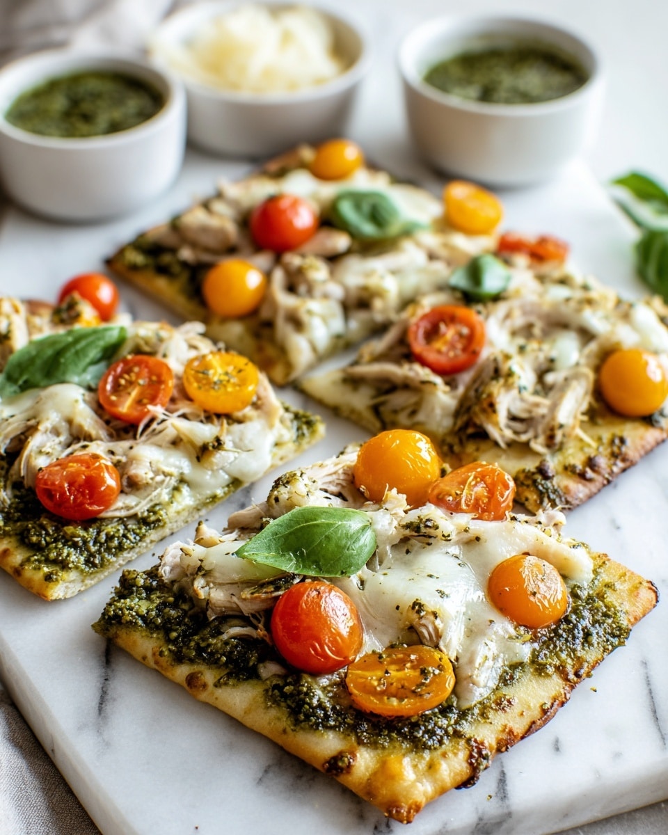 The image shows three rectangular pieces of flatbread laid on a white marbled surface. Each piece has a thin, golden-brown crust as the base layer with an uneven surface. On top of the crust, there is a spread of green pesto sauce with a slightly chunky texture. The next layer is melted white cheese that is creamy and bubbly in some spots. Scattered on top are halved cherry tomatoes in bright red and orange colors, giving a juicy and fresh appearance. Shredded pieces of cooked chicken with a light brown color are also spread across the flatbreads. A few fresh green basil leaves are placed on the cheese and tomatoes as a final touch. In the background, two small white bowls hold additional pesto sauce and cheese. The overall scene has a soft natural light, making the colors vivid and inviting. photo taken with an iphone --ar 4:5 --v 7