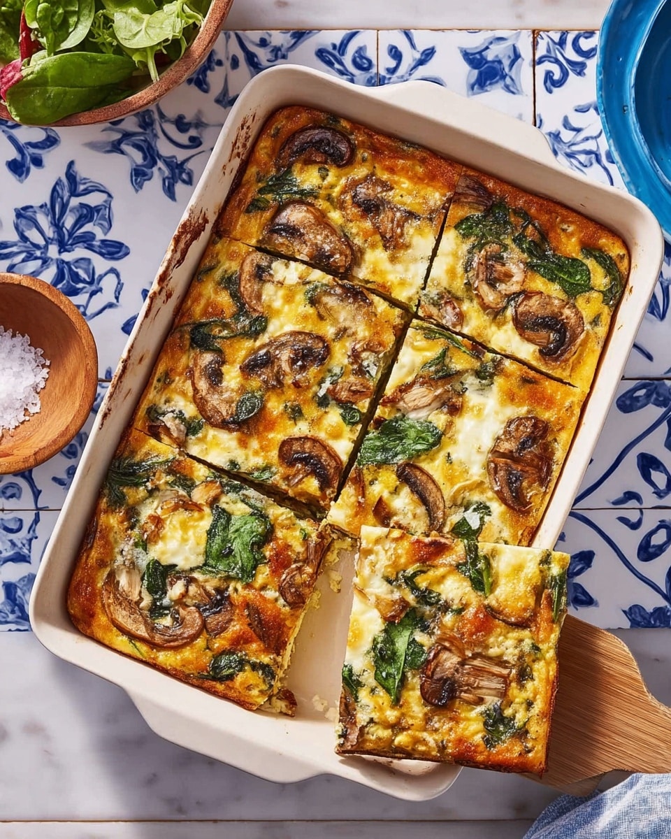 A white rectangular baking dish holds a baked egg casserole cut into six square pieces. The casserole has a golden-brown top layer with melted cheese and pieces of cooked mushrooms and green spinach leaves scattered evenly across the surface. The texture looks soft and slightly fluffy with a browned, crispy edge around the dish. A wooden spatula is lifting one square piece, showing layers of creamy egg mixture topped with vegetables. The dish is set on a white marbled surface with blue and white patterned tiles visible around it. Nearby, there is a small wooden bowl of salt and a blue bowl with fresh green salad visible. photo taken with an iphone --ar 4:5 --v 7