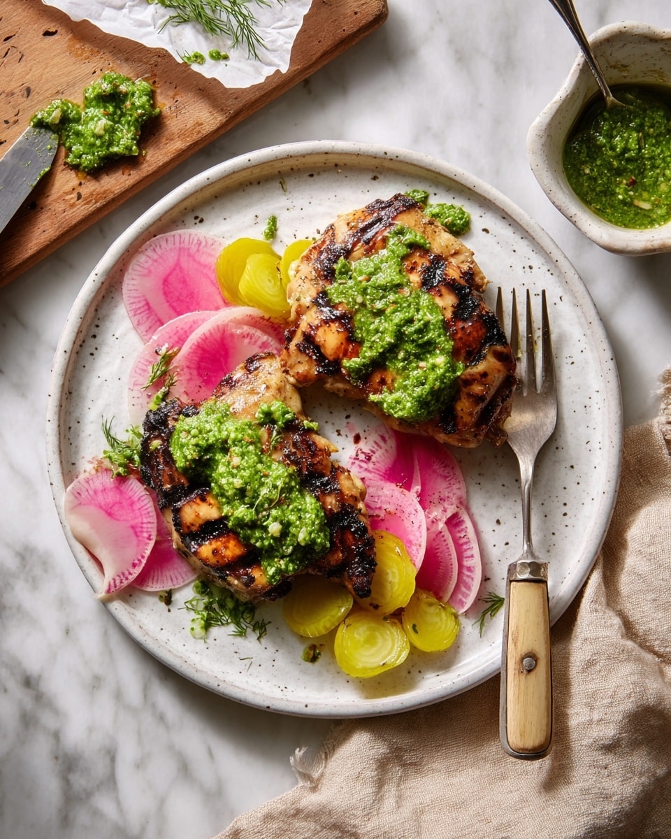 Two grilled chicken pieces with dark char lines are placed side by side on a white speckled plate, each topped with a chunky bright green herb sauce. Around the chicken, thin pink and white slices of watermelon radish and small yellow pickle slices are artfully arranged. A vintage silver fork with a wooden handle rests on the right edge of the plate. To the left, a wooden board holds some parchment paper with extra green sauce and a spreader knife. The plate is set on a white marbled surface with a beige cloth on the right side. Photo taken with an iphone --ar 4:5 --v 7