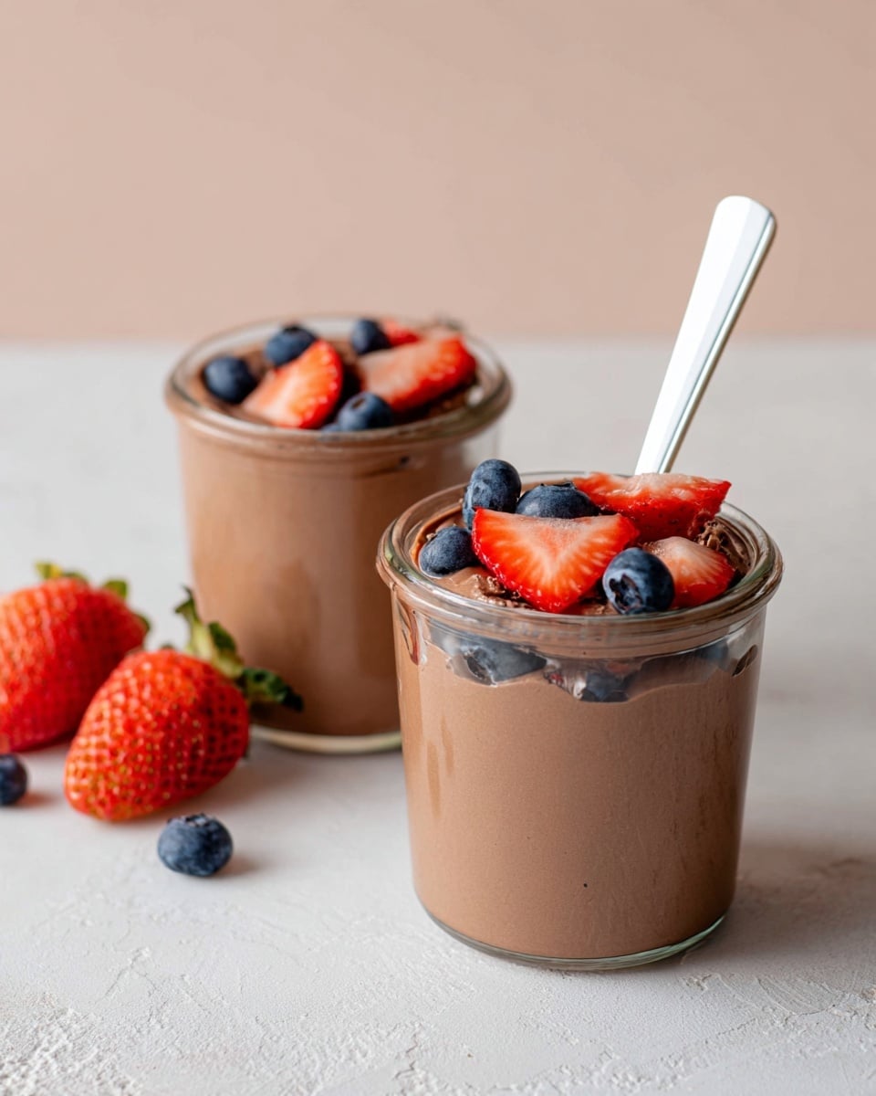 The image shows two clear glass jars filled with smooth, light brown chocolate mousse. Each jar is topped with fresh red strawberry slices and small blue blueberries scattered across the surface. A white spoon is placed inside each jar, standing upright. The jars are placed on a white marbled texture surface with a few whole and halved strawberries lying next to the jar on the left. The background is soft and plain, showing a light pink tone. Photo taken with an iphone --ar 4:5 --v 7