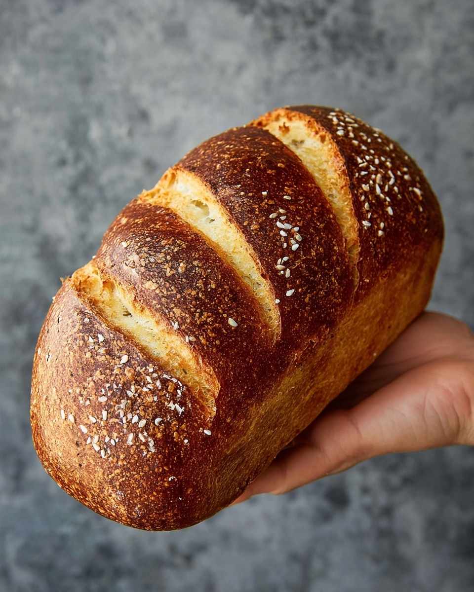 A close-up view of a golden brown bread loaf with a shiny crust resting on a woman's hand. The loaf has a thick texture with a dark brown crust that has light brown patches and is sprinkled with coarse grains. There are three diagonal cuts on the top, showing the soft, light cream-colored inner bread underneath. The background is a simple gray stone-like texture. photo taken with an iphone --ar 4:5 --v 7