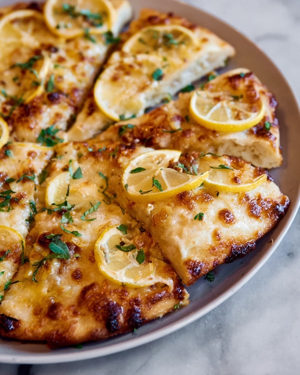 The image shows a close-up of a golden brown pizza cut into slices arranged on a white plate. The pizza has two main layers visible: a thick, fluffy crust with a light brown color and charred spots, and a top layer covered in melted cheese that is bubbly and slightly crispy. Thin slices of lemon are scattered across the cheese, adding light yellow accents, while fresh green herbs are sprinkled over the top, adding contrast and texture. The background is a white marbled surface. photo taken with an iphone --ar 4:5 --v 7