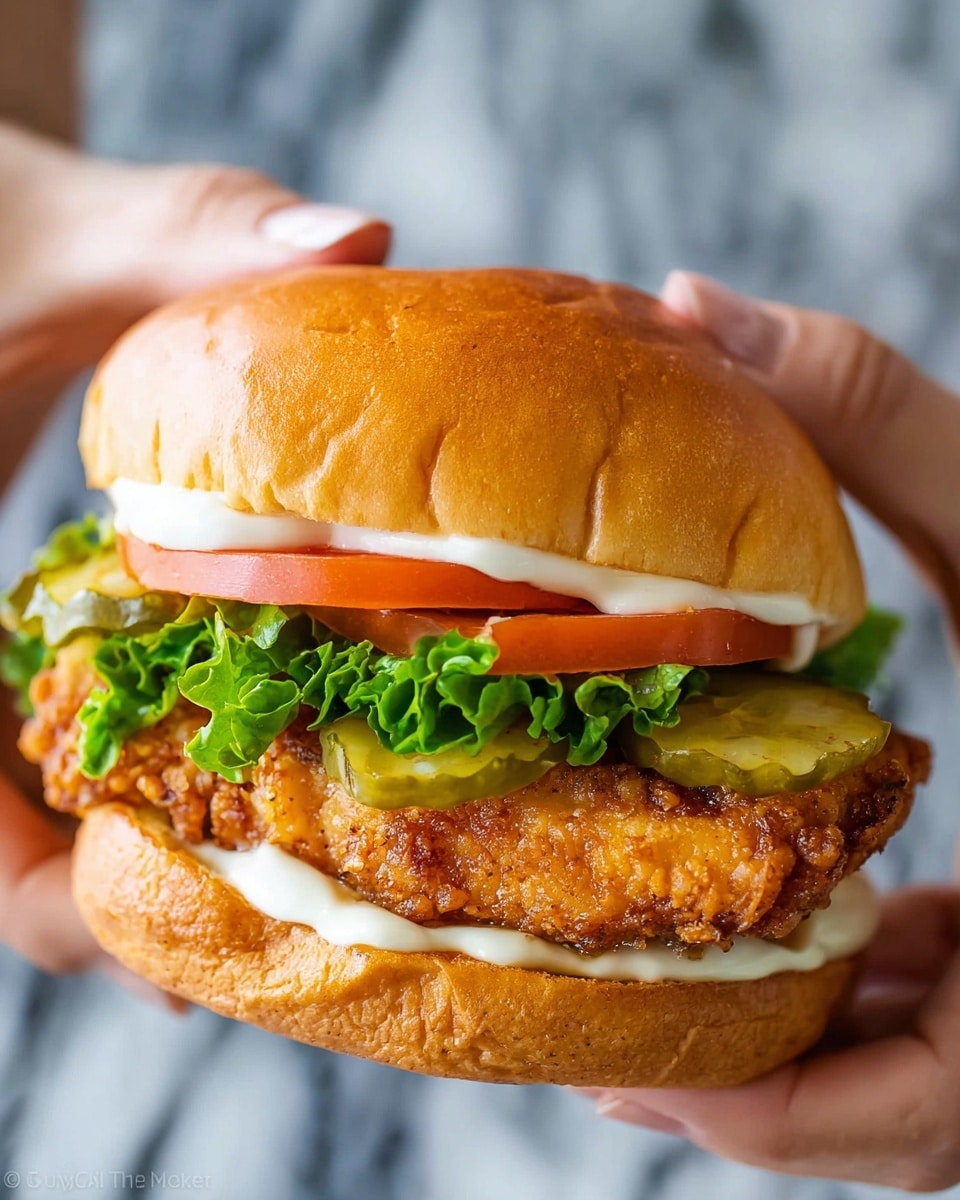 A close-up view of a fried chicken sandwich held by two woman's hands on each side, featuring a golden-brown crusted fried chicken fillet as the main thick layer, topped with a smooth white sauce under a shiny, soft golden-brown bun top. Beneath the chicken is a thick bright red slice of tomato, followed by bright green leafy lettuce with frilled edges, several green pickle slices, and a spread of creamy white sauce on the bottom bun. The sandwich is shown against a white marbled texture background. photo taken with an iphone --ar 4:5 --v 7