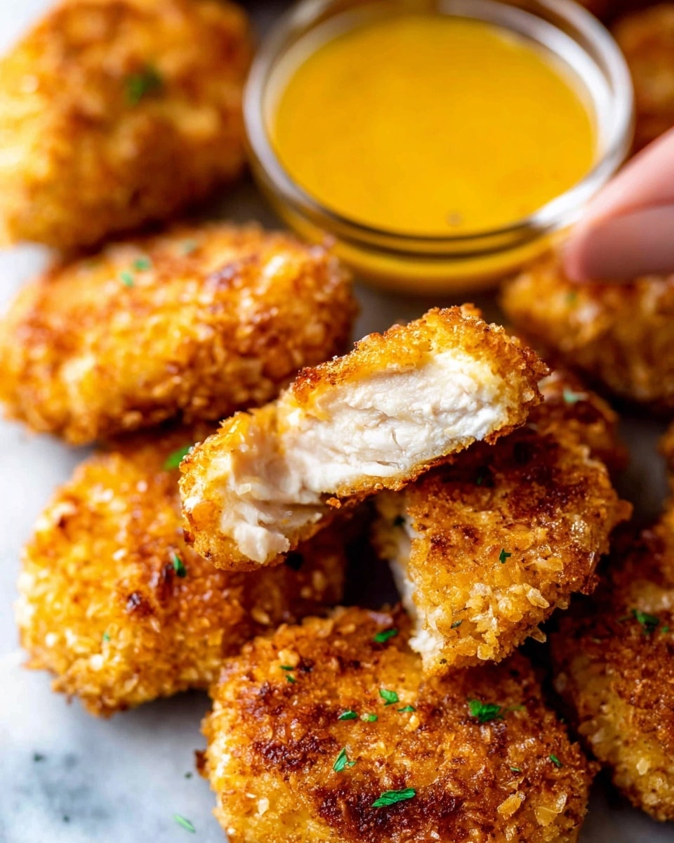 The image shows several golden-brown crispy chicken nuggets placed closely together on a white marbled surface. One nugget is held up by a woman's hand, broken open in the middle to show the white, tender, and juicy inside of the chicken. The crumbs on the outside are crunchy and uneven, giving a textured look. In the background, slightly blurred, is a small glass container filled with orange-yellow dipping sauce. A few small green herb pieces are sprinkled lightly across the nuggets. Photo taken with an iphone --ar 4:5 --v 7