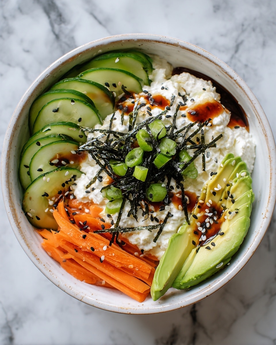 A food bowl filled with three main layers arranged side by side: thin green cucumber slices are curved in an overlapping row on the top left, bright orange thin carrot sticks form a small pile on the top right, and smooth avocado slices with light green color appear on the bottom left in a fanned shape. The middle layer is white cottage cheese that looks soft and creamy. The whole dish is drizzled with dark brown sauce and sprinkled with white and black sesame seeds. Thin dark green seaweed strips and small chopped green onion pieces sit in the center on top of the cottage cheese. The bowl is white with a slightly speckled look, and the background is a white marbled surface. photo taken with an iphone --ar 4:5 --v 7