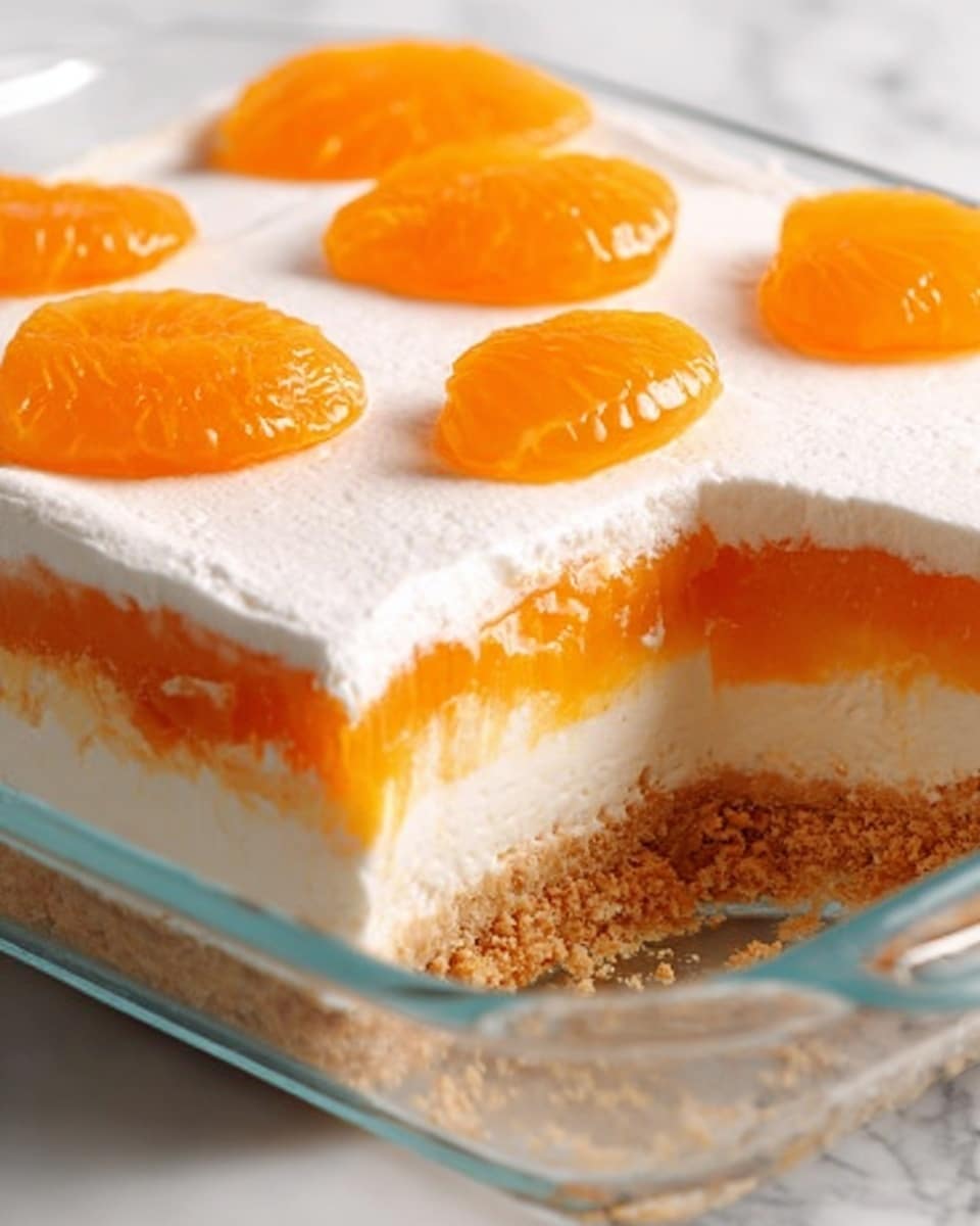 A clear glass dish shows a layered dessert with four distinct layers. The bottom layer is a light brown crumb crust with a rough texture. Above it is a thick creamy white layer, smooth and even. The next layer is bright orange, with a slightly chunky texture suggesting fruit or puree. The top layer is fluffy white cream, smooth and soft-looking. On the smooth white cream on top, several shiny orange mandarin slices are placed evenly spaced. The dish is set on a white marbled surface. photo taken with an iphone --ar 4:5 --v 7