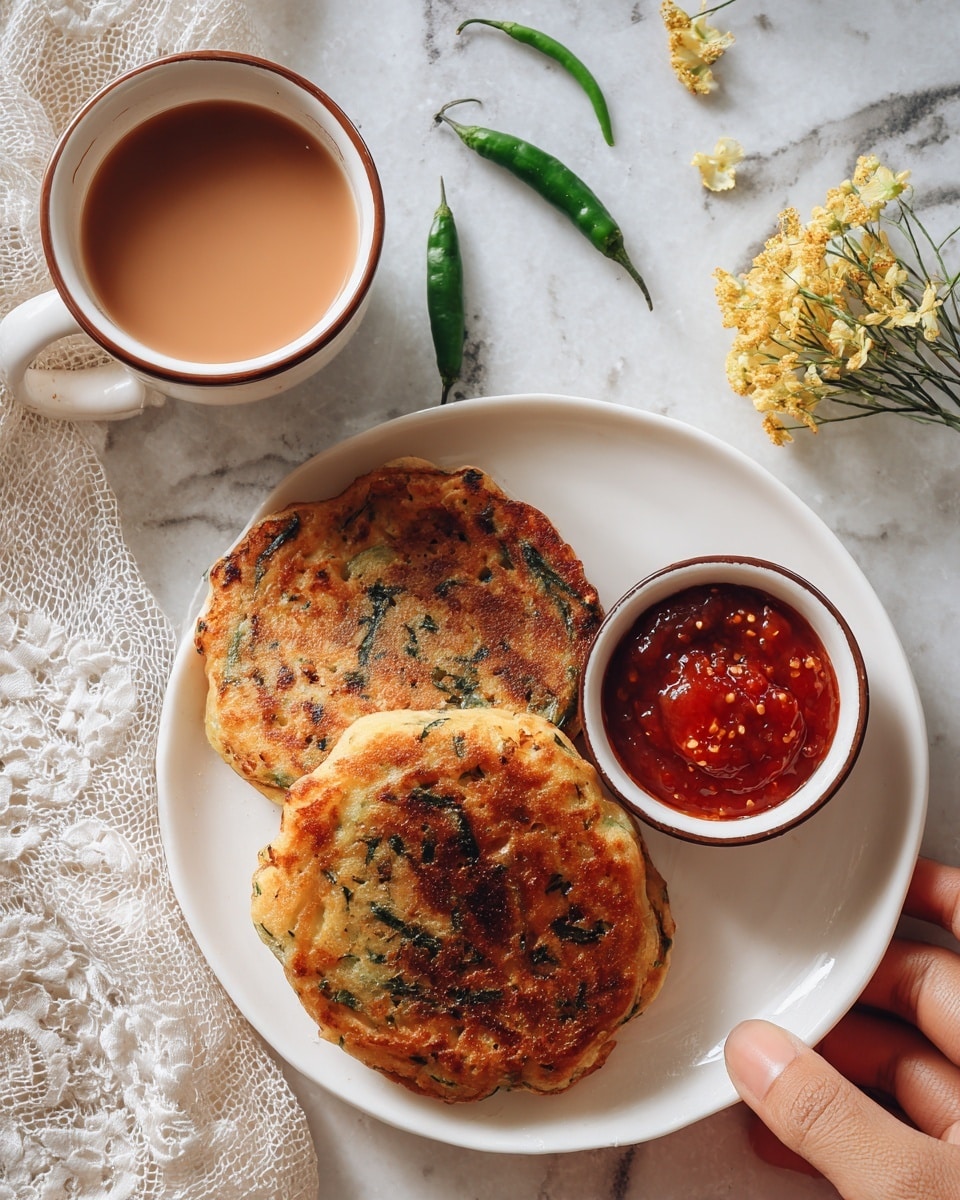 The image shows two round, golden-brown savory pancakes with visible green herbs mixed inside, stacked slightly overlapping on the left side of a white plate. To the top right of the pancakes, there are two small white bowls with brown rims; one bowl holds a chunky red mustard-like sauce with visible seeds, while the other holds a smooth, glossy red tomato ketchup. Above the plate, a white cup filled with light brown tea is held by a woman's hand. The setting features a white marbled surface with a few green chili peppers and small yellow flowers scattered around, and a piece of white lace fabric partially visible under the cup. photo taken with an iphone --ar 4:5 --v 7