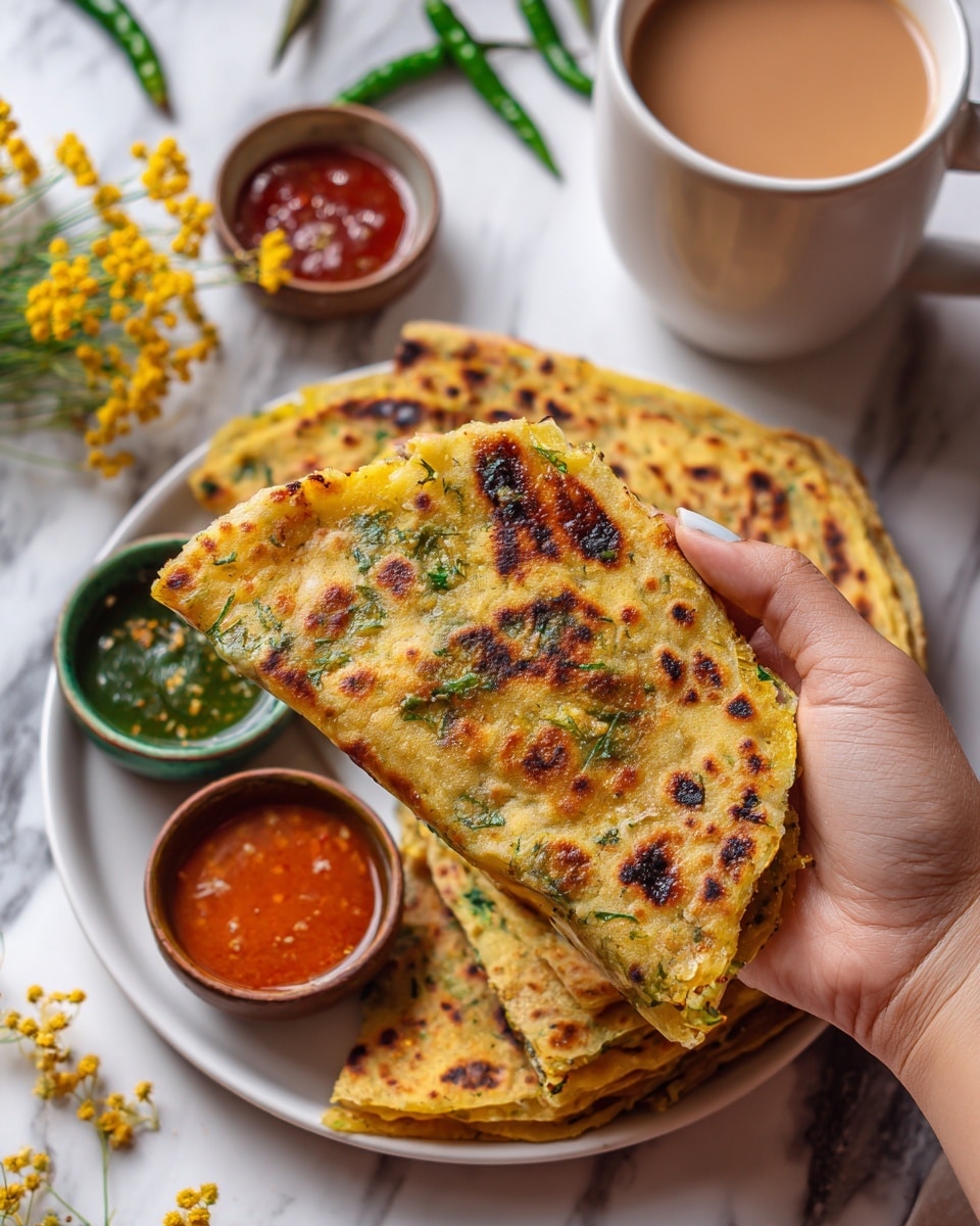 A close-up view of a woman's hand holding a folded, slightly crispy flatbread with a golden-yellow color spotted with green herbs and brown char marks on the inside. Below, a white plate holds more flatbreads that have similar texture and colors. On the plate are also two small green and brown bowls filled with red and orange dipping sauces, positioned near the top of the flatbreads. In the background, a white cup filled with a light brown drink sits on a white marbled surface, along with some green chilies and small yellow flowers scattered around. Photo taken with an iphone --ar 4:5 --v 7