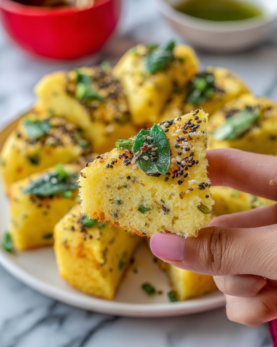 A close-up of a single triangular piece of soft, yellow, spongy bread sprinkled with small black mustard seeds and chopped green herbs, held by a woman's hand pinching the corner, showing a fluffy texture. The bread piece also has a green leaf on top, coated with sesame seeds and herbs. In the blurred background, more pieces of the same bread are arranged in a round shape on a white plate, resting on a white marbled surface with a red bowl and a green sauce visible out of focus. Photo taken with an iphone --ar 4:5 --v 7