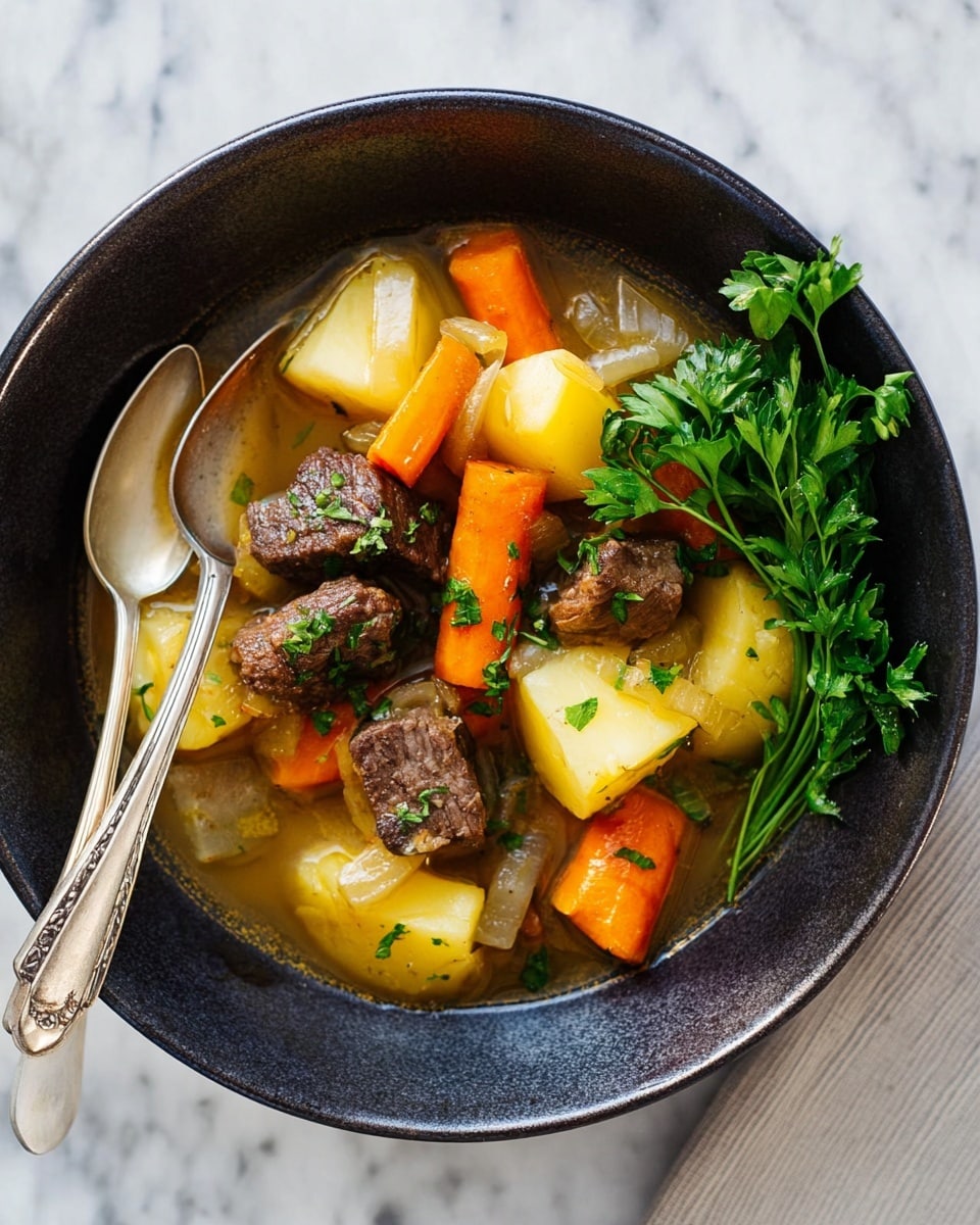 A dark bowl holds a stew with three main layers: at the bottom are soft, yellowish potato pieces surrounded by a light brown broth, in the middle are bright orange carrot chunks mixed with translucent onion slices, and on top are three browned beef pieces. A small bunch of fresh green parsley rests on one side of the bowl. A silver spoon is placed inside the bowl, and a silver fork is set beside the bowl on a white marbled surface. photo taken with an iphone --ar 4:5 --v 7