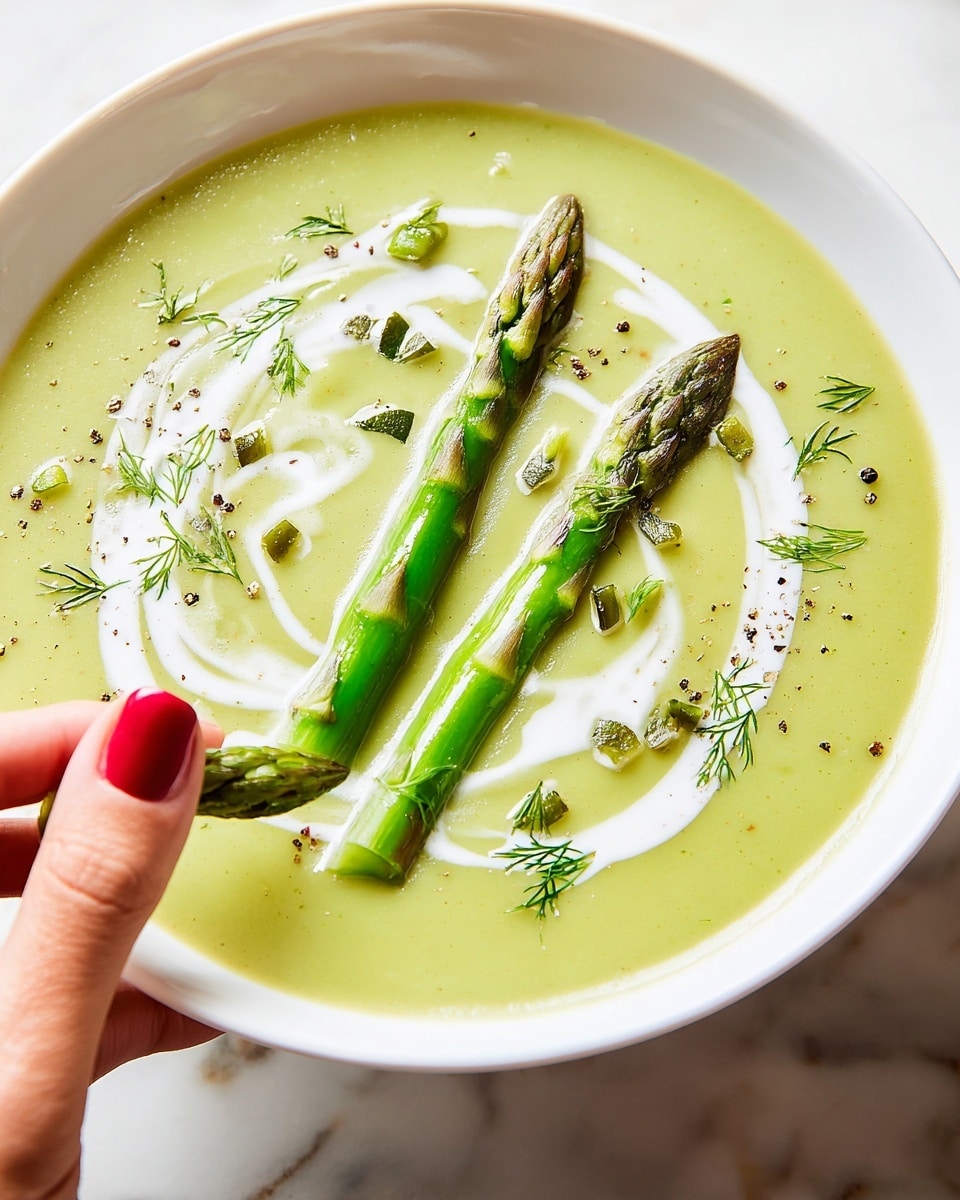 A white bowl filled with smooth, light green asparagus soup has two whole asparagus spears placed on top, arranged diagonally. Swirls of white cream create a gentle pattern on the soup’s surface. Small pieces of fresh green herbs and cracked black pepper are sprinkled evenly over the soup, adding texture and color contrast. A woman's hand with red nail polish is holding one of the asparagus spears delicately from the side. The bowl sits on a white marbled surface. photo taken with an iphone --ar 4:5 --v 7