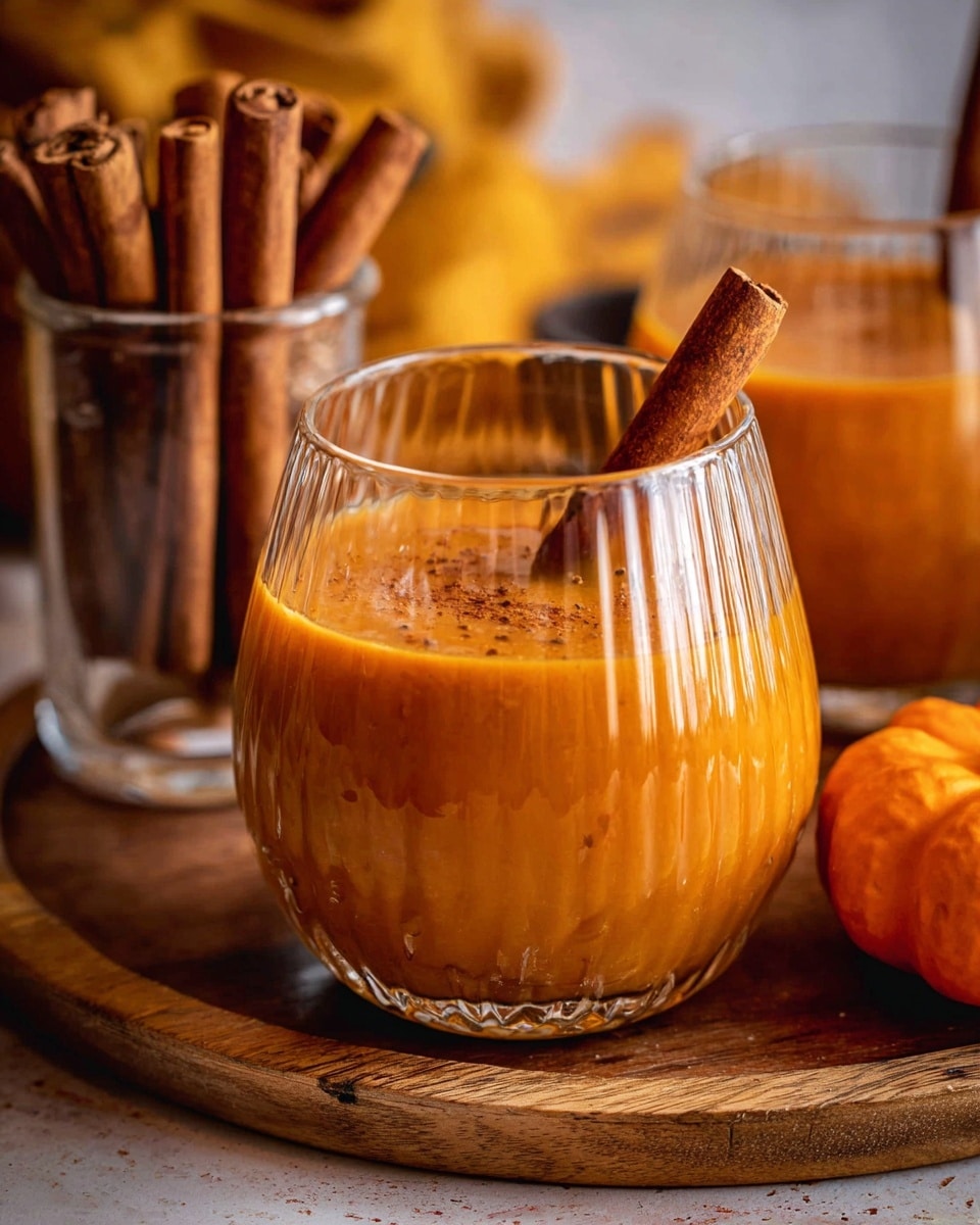 The image shows a clear rounded glass with vertical ridges filled about three-quarters with a thick, orange pumpkin drink that has visible specks of spices floating in it. A single cinnamon stick rests diagonally on the rim of the glass. Behind it, there is another glass with several cinnamon sticks standing upright inside, all set on a round wooden board with a warm, brown color. To the right, part of a small orange pumpkin is visible. The background has a cozy, warm feeling with soft yellow and brown tones. photo taken with an iphone --ar 4:5 --v 7