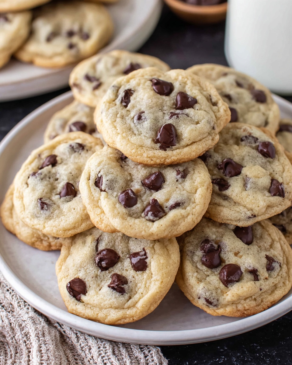 A close-up view of about ten light golden-baked chocolate chip cookies stacked together on a white plate. Each cookie has a soft, slightly puffy texture with many dark brown chocolate chips spread across the top and embedded inside. The cookies have slightly raised centers and cracked surfaces showing a chewy inside. The plate sits on a white marbled surface with a blurred background that includes parts of a white bowl and a textured cloth. photo taken with an iphone --ar 4:5 --v 7
