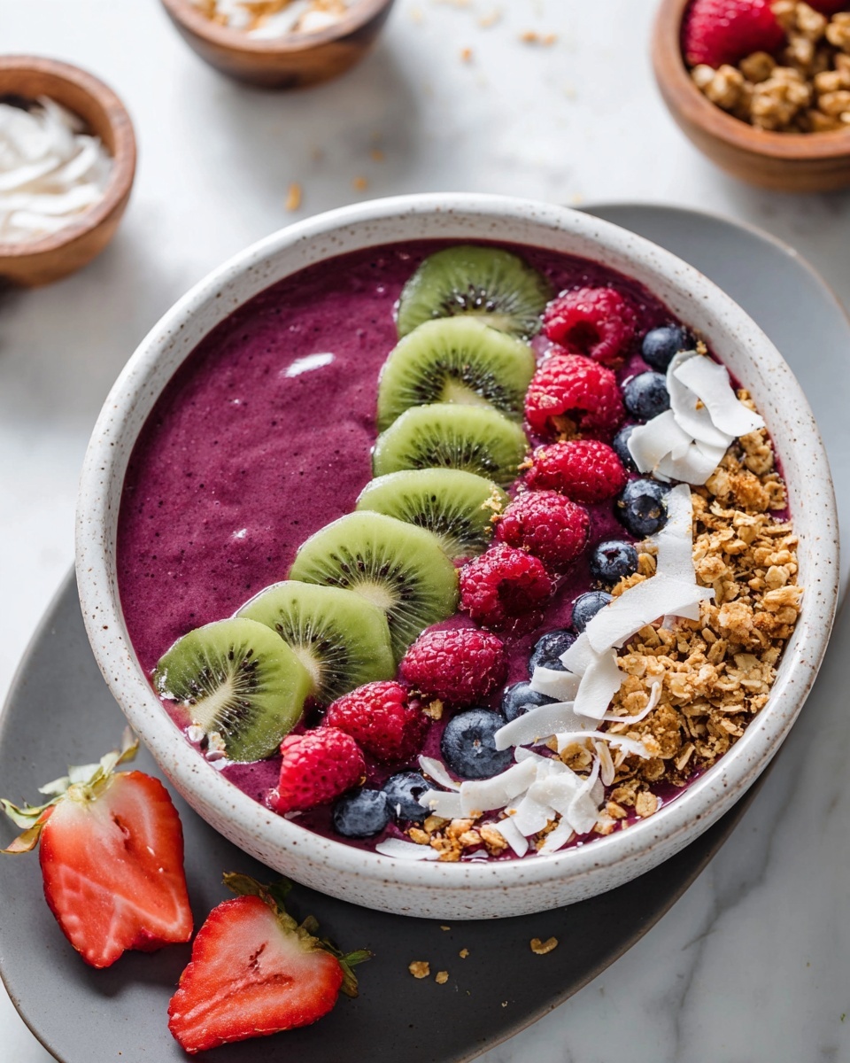The image shows a white speckled bowl filled with a thick, smooth, deep purple smoothie base. The smoothie is topped with four overlapping slices of green kiwi placed in a curved line near the top left, followed by a cluster of fresh red raspberries and a few small blue blueberries in the middle. To the right, there is a spread of light brown granola sprinkled over the smoothie, with thin white coconut shavings scattered around. Two halved strawberries, red with green leaves, sit at the bottom left edge of the bowl. The bowl sits on a grey oval plate, placed on a white marbled surface, with small bowls of coconut shavings, granola, and raspberries nearby. photo taken with an iphone --ar 4:5 --v 7