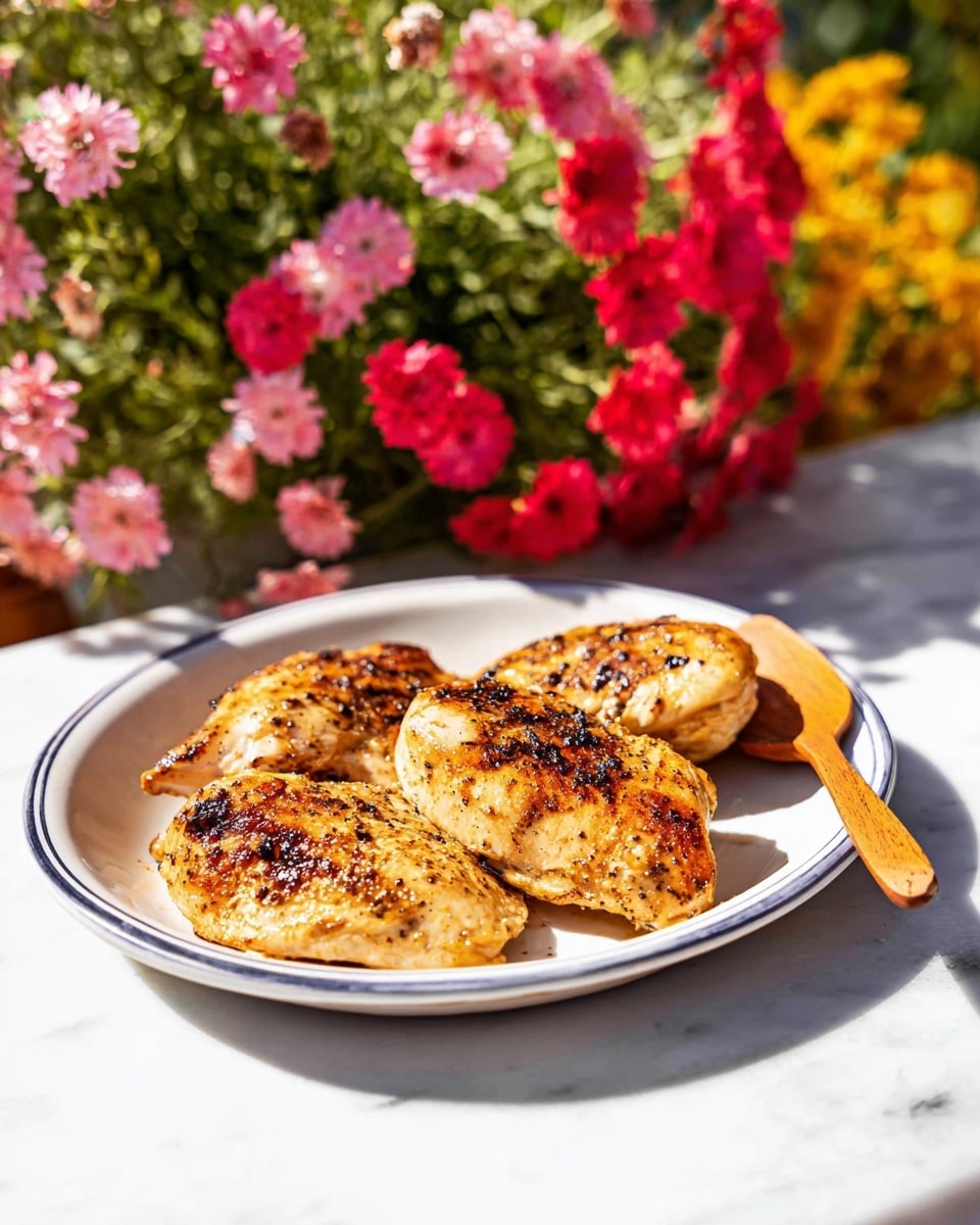 A white plate with a thin blue rim holds three pieces of golden brown, grilled chicken breasts, each piece showing a crispy, slightly charred texture on the top. A wooden spatula is partially resting under the chicken on the right side. The plate sits on a white marbled surface with bright sunlight casting natural shadows. In the background, vibrant clusters of red, pink, and yellow flowers add a colorful and lively feel to the scene. photo taken with an iphone --ar 4:5 --v 7