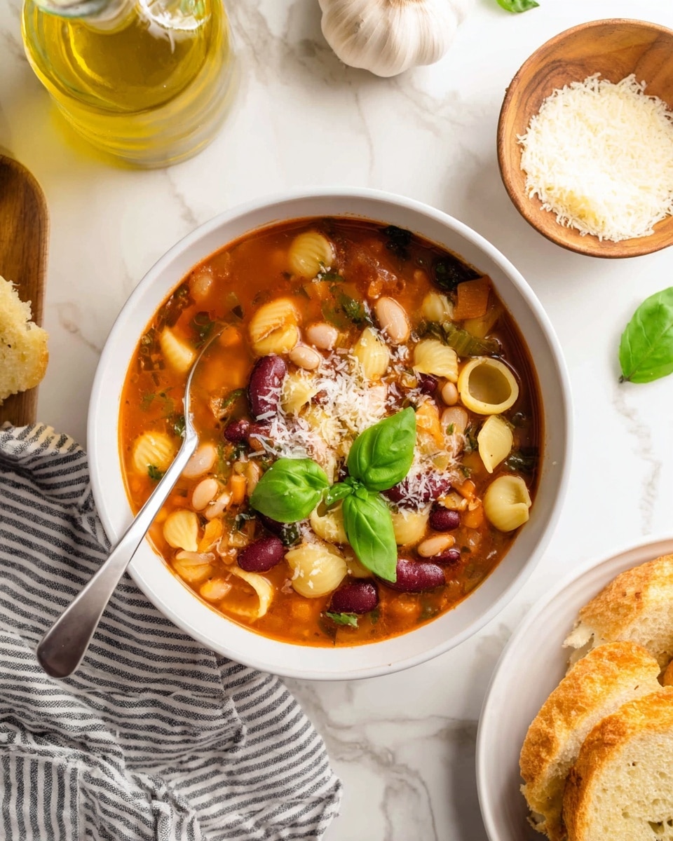 A white bowl filled with three main layers of minestrone soup: the bottom layer is an orange-red broth with herbs, followed by a middle layer of mixed beans including dark red kidney beans and white beans, and the top layer containing pale yellow shell pasta pieces, grated white cheese sprinkled in the center, and two fresh green basil leaves placed on top. A silver spoon rests inside the bowl on the left side. The bowl is set on a white marbled surface, with a glass bottle of golden olive oil, a whole garlic bulb, and a small wooden bowl of grated cheese around it. In the lower right corner, part of a white plate with three toasted bread slices is visible, along with a striped grey and white cloth napkin near the bowl. Photo taken with an iphone --ar 4:5 --v 7