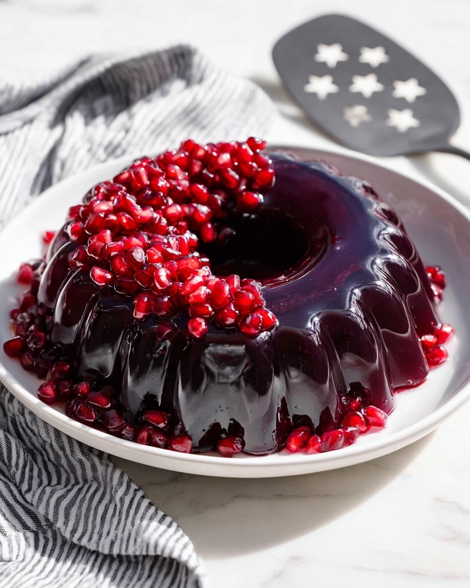 A shiny, deep purple jelly shaped like a ring mold sits on a white plate, with a scalloped outer edge and a smooth, glossy surface. On top, bright red pomegranate seeds are piled thickly on one side, spilling off the edge and into the center hole of the jelly, adding contrast and texture. The plate rests on a white marbled surface, with a corner of a striped gray and white cloth draped nearby. A large metal spatula with star cutouts lies next to the plate. The scene is bright with natural light, highlighting the rich colors and details of the jelly and seeds. photo taken with an iphone --ar 4:5 --v 7