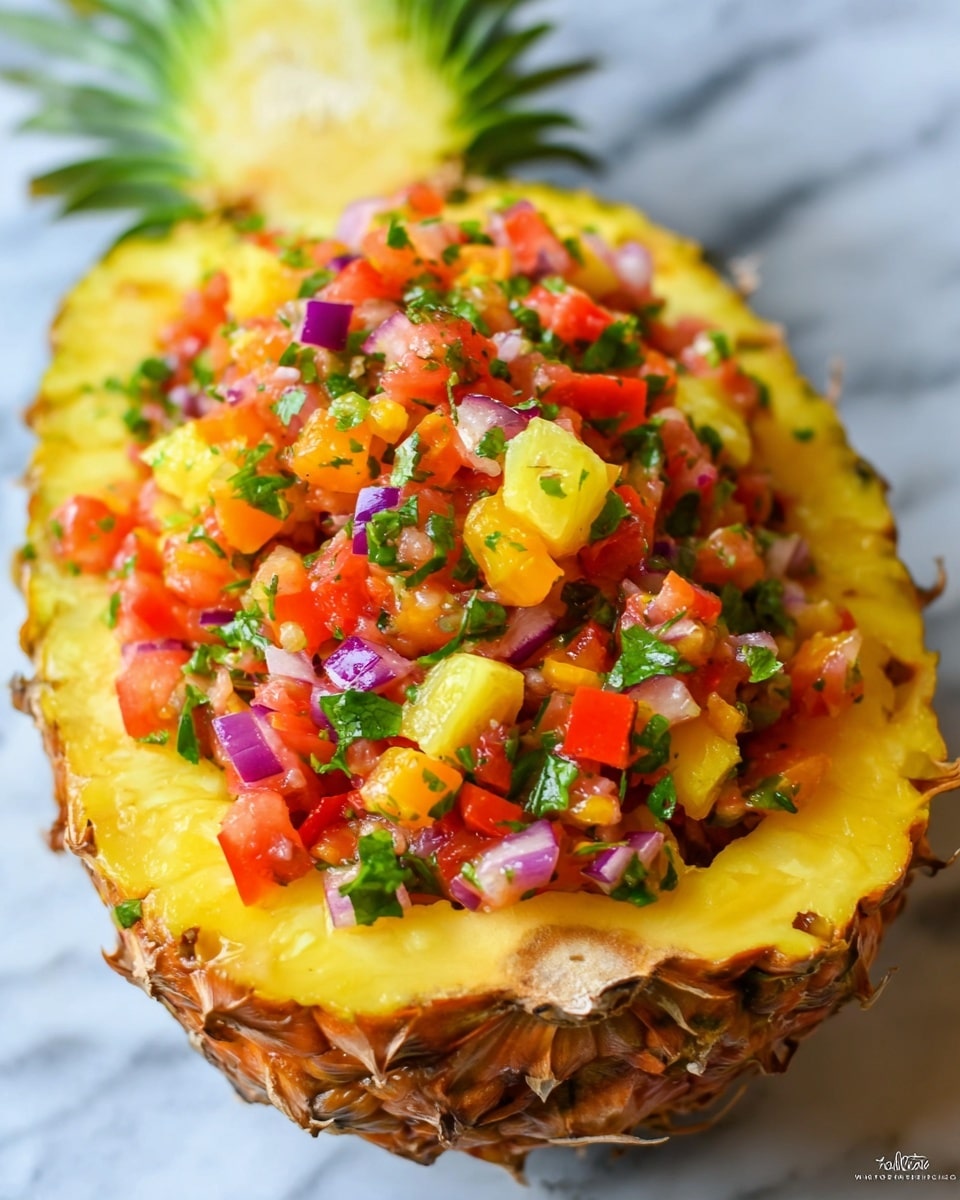 A hollowed-out pineapple half filled with a colorful salsa made of finely chopped red tomatoes, yellow pineapple pieces, green bell peppers, purple onions, and fresh green cilantro leaves, all mixed together inside the bright yellow interior of the pineapple shell, which shows the green outer rind at the edges; the pineapple is placed on a white marbled surface, showing a fresh and lively mix of colors and textures photo taken with an iphone --ar 4:5 --v 7