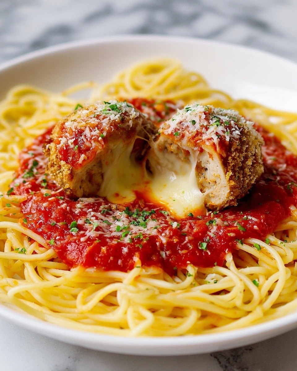 A white plate holds a serving of thin, yellow spaghetti arranged in a loose pile, topped with a generous amount of chunky red tomato sauce. On top of the sauce sit two halves of a golden-brown breaded meatball, revealing a gooey, melted cheese center that stretches slightly between them. A sprinkling of grated white cheese and finely chopped green herbs decorate the surface, all set against a white marbled texture background. photo taken with an iphone --ar 4:5 --v 7