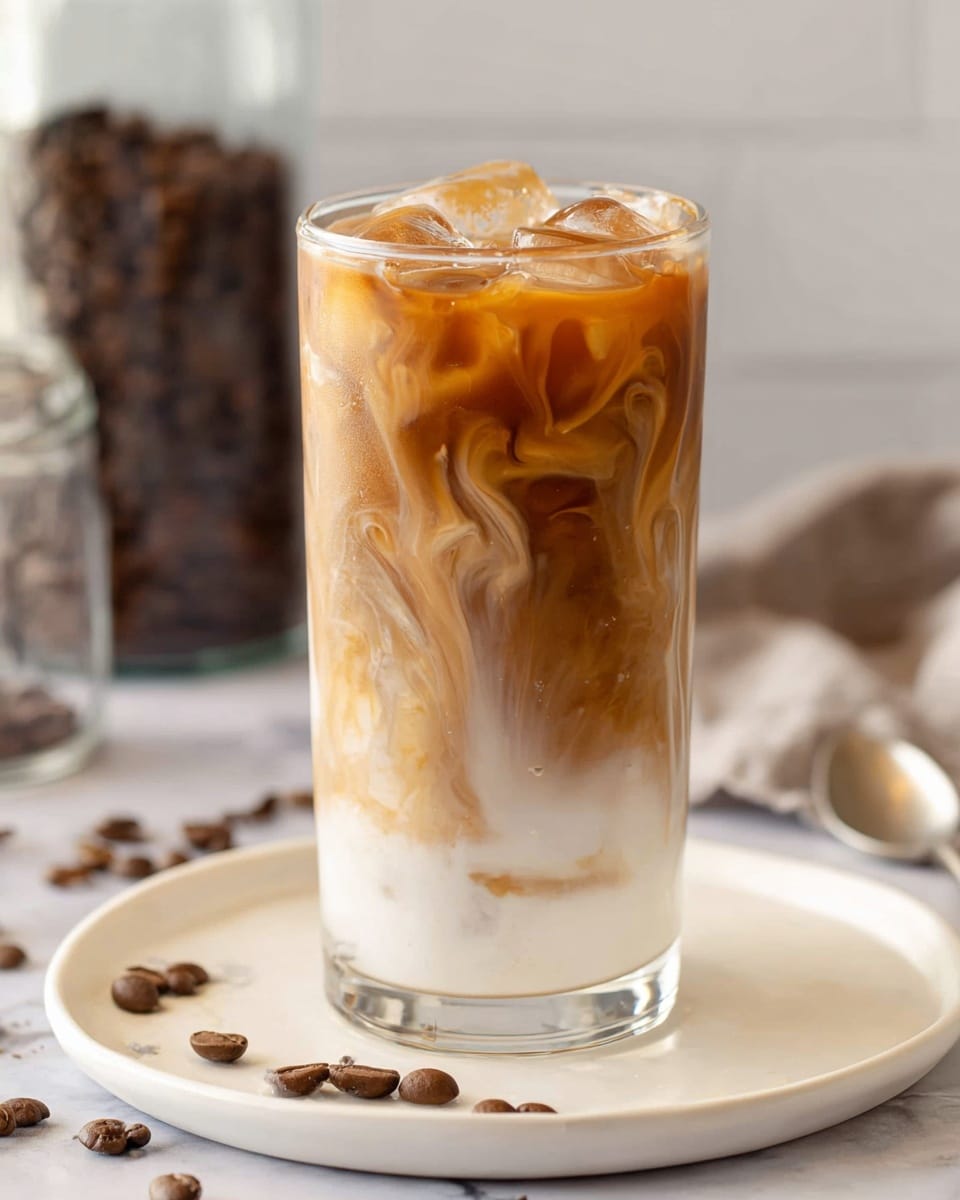 A clear tall glass filled with iced coffee shows three main layers: the bottom layer is white milk with some cooling foam, the middle layer swirls with light brown coffee mixing gently into the milk creating smooth patterns, and the top layer is a darker caramel brown coffee poured over ice cubes. The glass sits centered on a white plate that has a few scattered coffee beans and coffee grounds around it. In the blurred background, there are hints of a white marbled surface with a silver spoon resting beside the plate and a tall container filled with dark roasted coffee beans. photo taken with an iphone --ar 4:5 --v 7